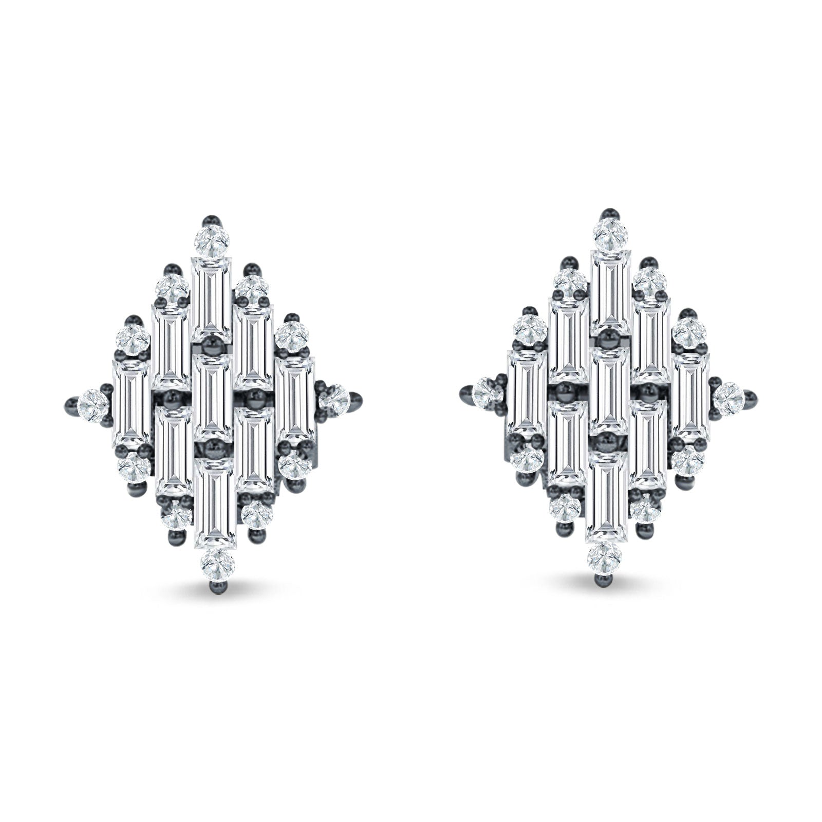 Baguette & Round Cubic Zirconia Cluster Stud Earring 925 Sterling Silver