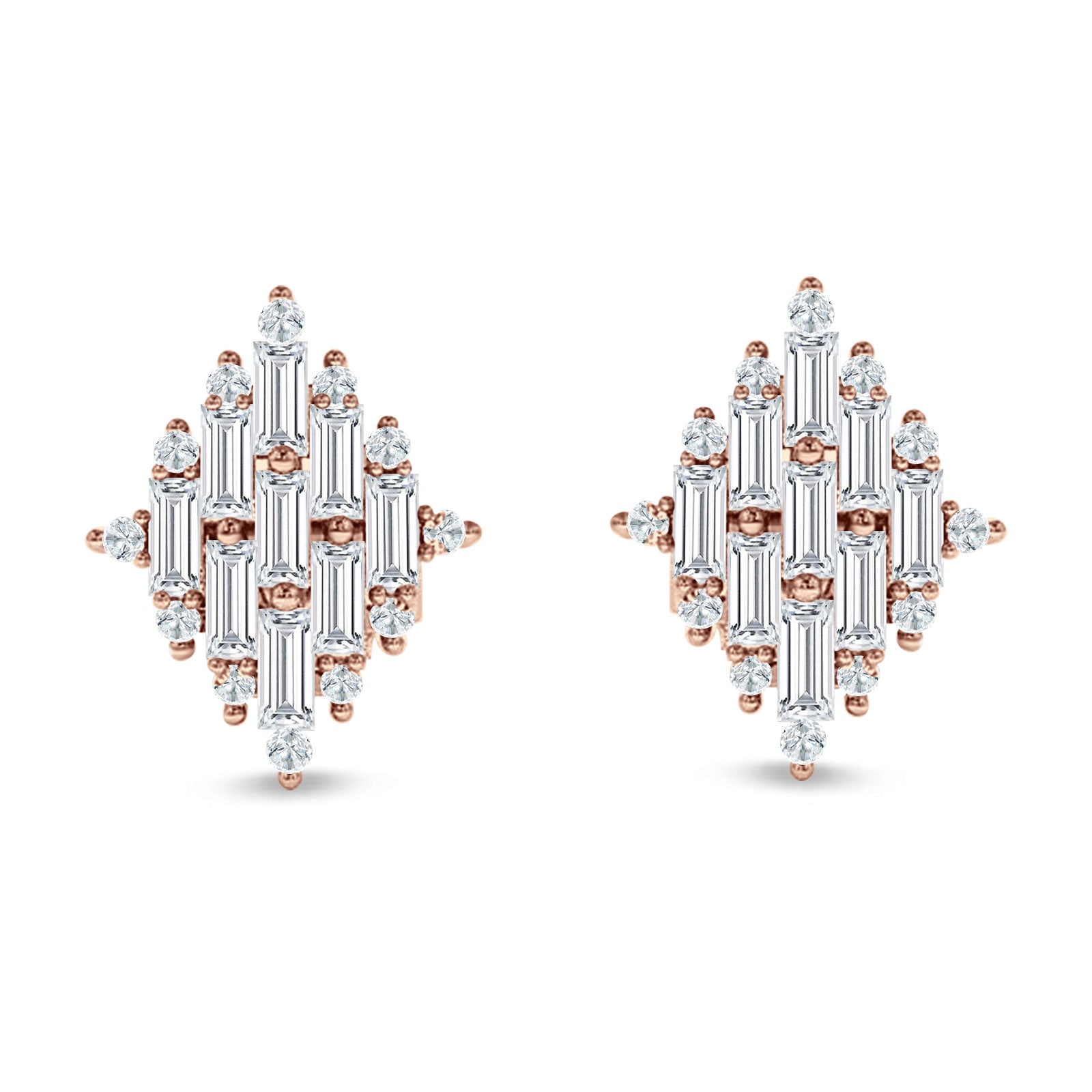 Baguette & Round Cubic Zirconia Cluster Stud Earring 925 Sterling Silver