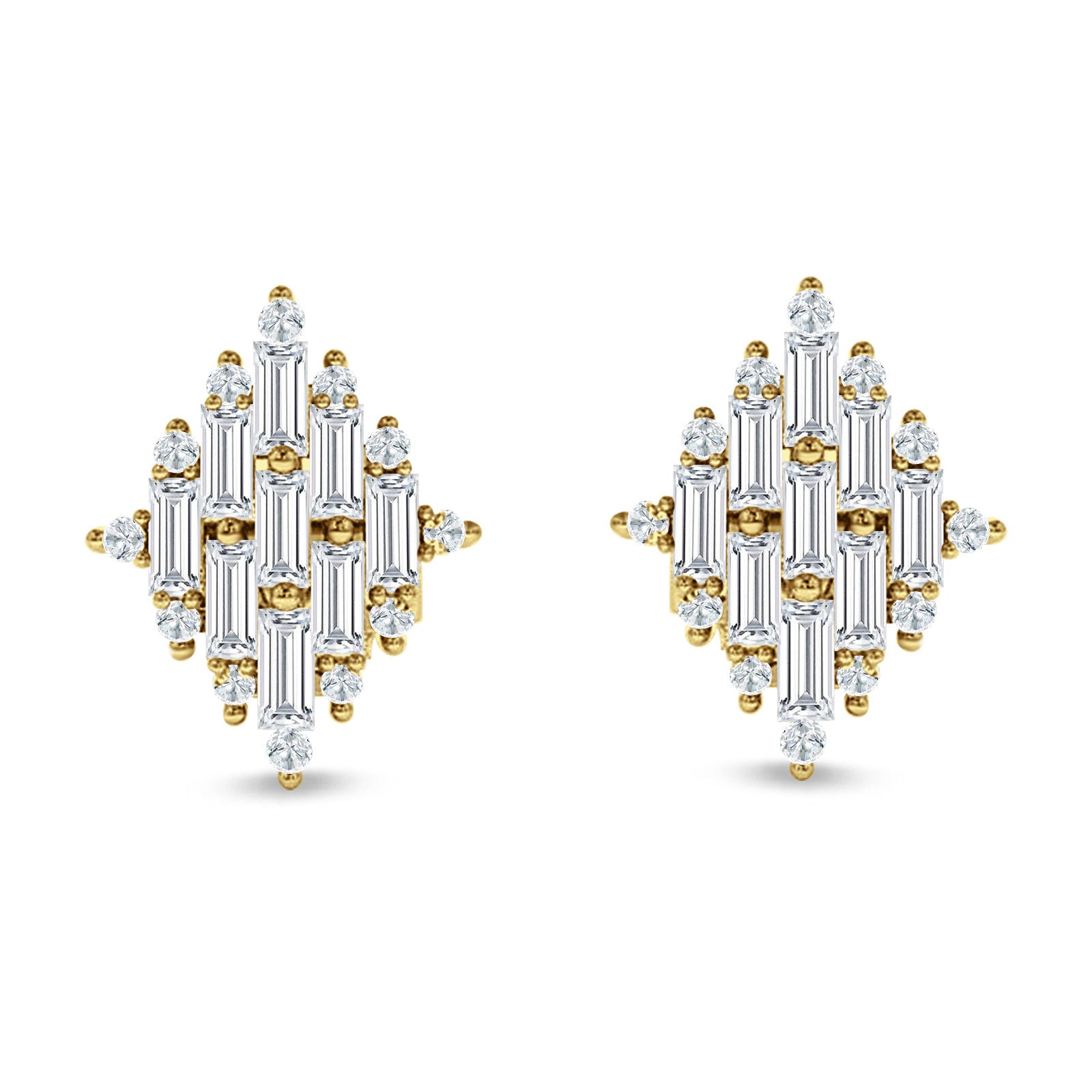 Baguette & Round Cubic Zirconia Cluster Stud Earring 925 Sterling Silver
