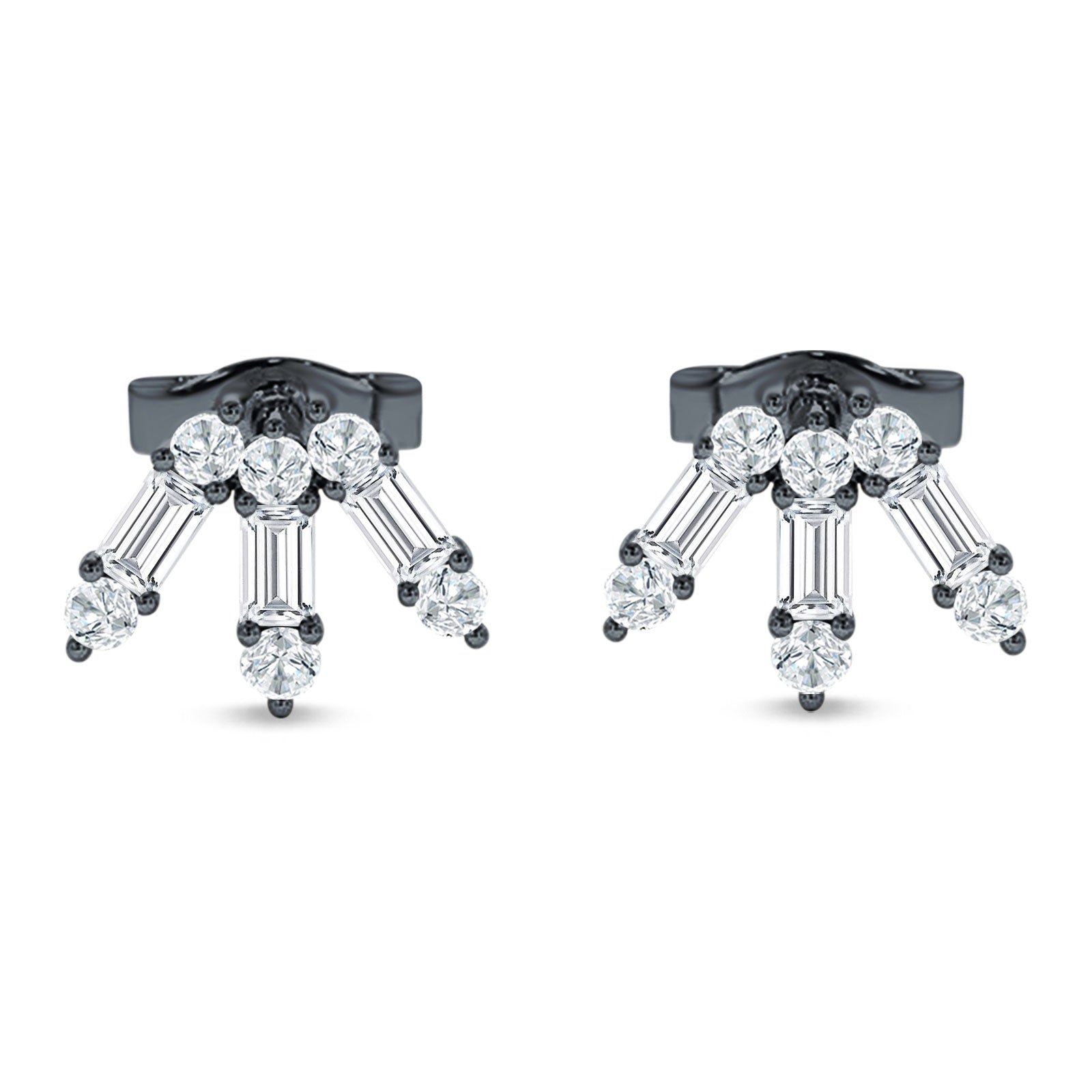 Floral Stud Earrings Baguette & Round Cubic Zirconia 925 Sterling Silver