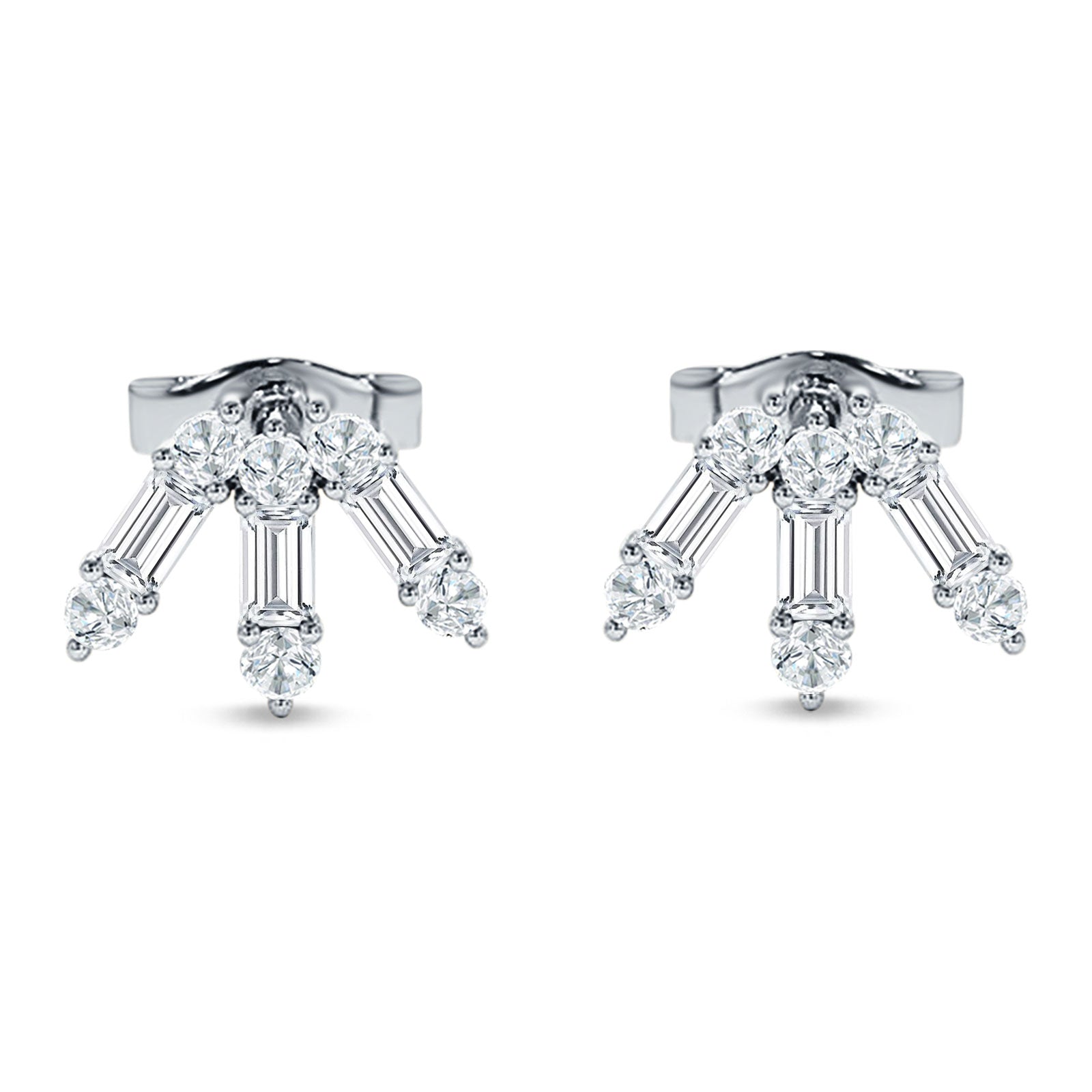 Floral Stud Earrings Baguette & Round Cubic Zirconia 925 Sterling Silver