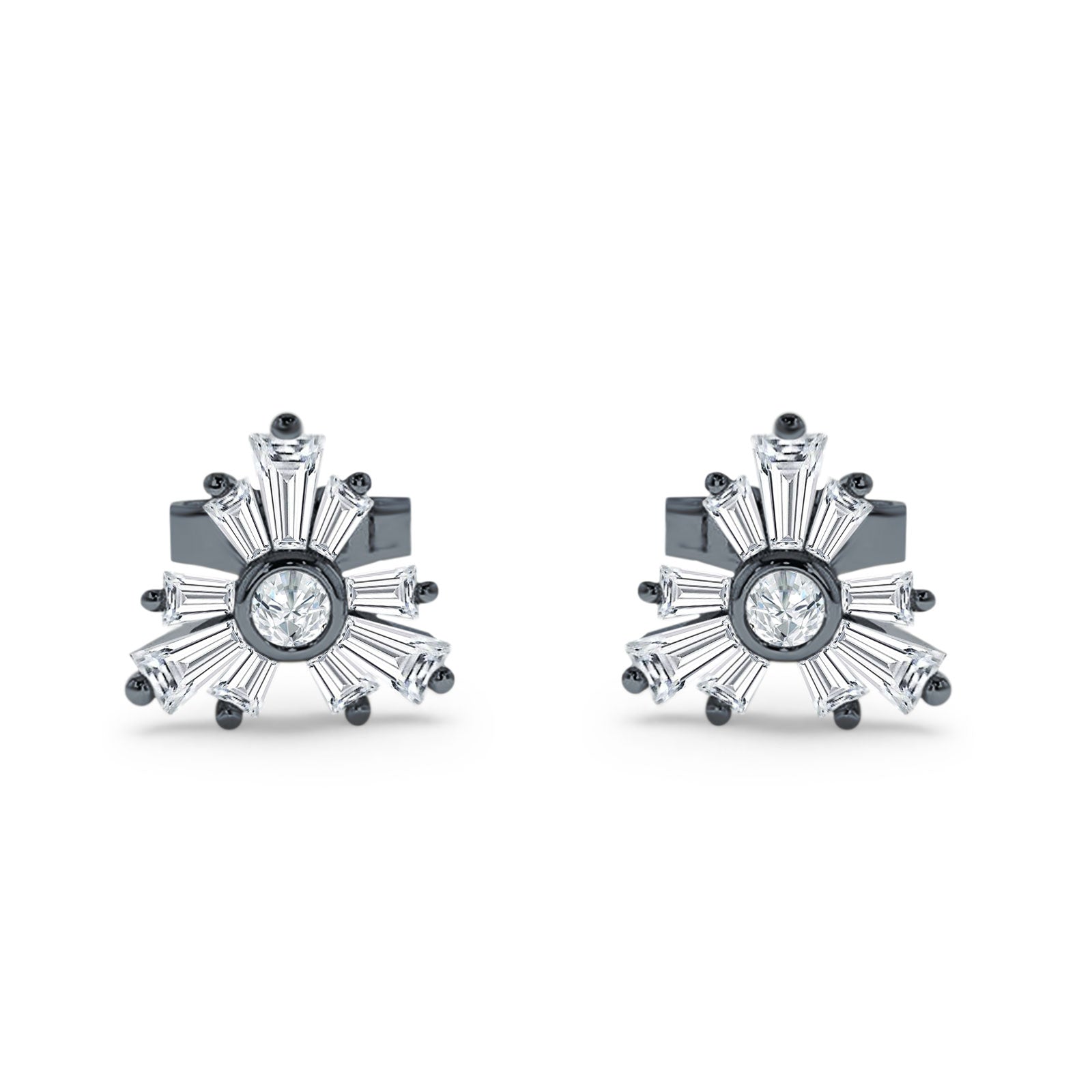 Starburst Trio Baguette & Round Cubic Zirconia Stud Earring 925 Sterling Silver