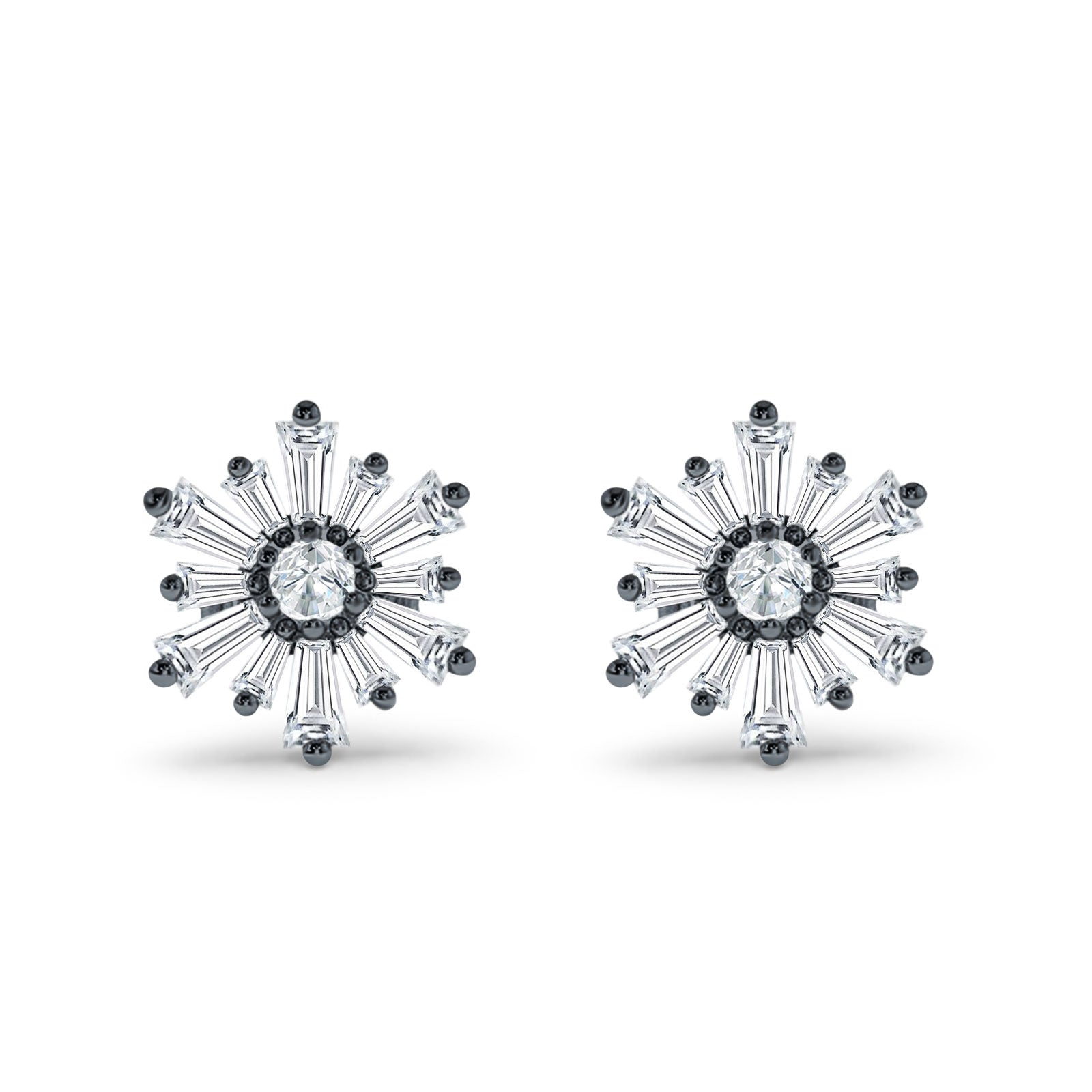 Starburst Stud Earring Flower Baguette & Round Cubic Zirconia 925 Sterling Silver