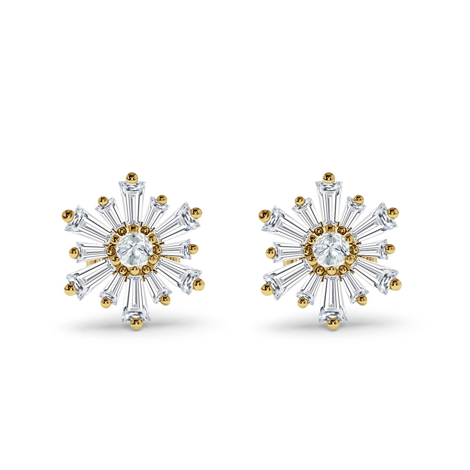 Starburst Stud Earring Flower Baguette & Round Cubic Zirconia 925 Sterling Silver