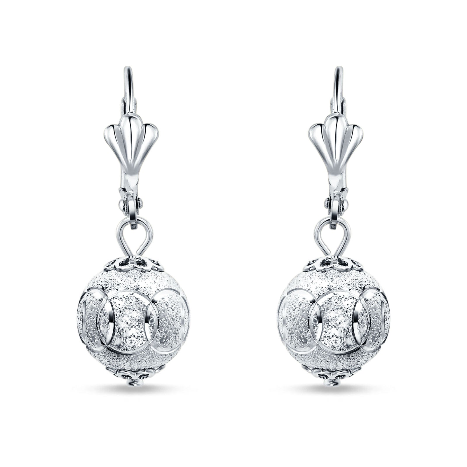 Round Diamond Cut Dangling Ball Leverback Earrings 925 Sterling Silver