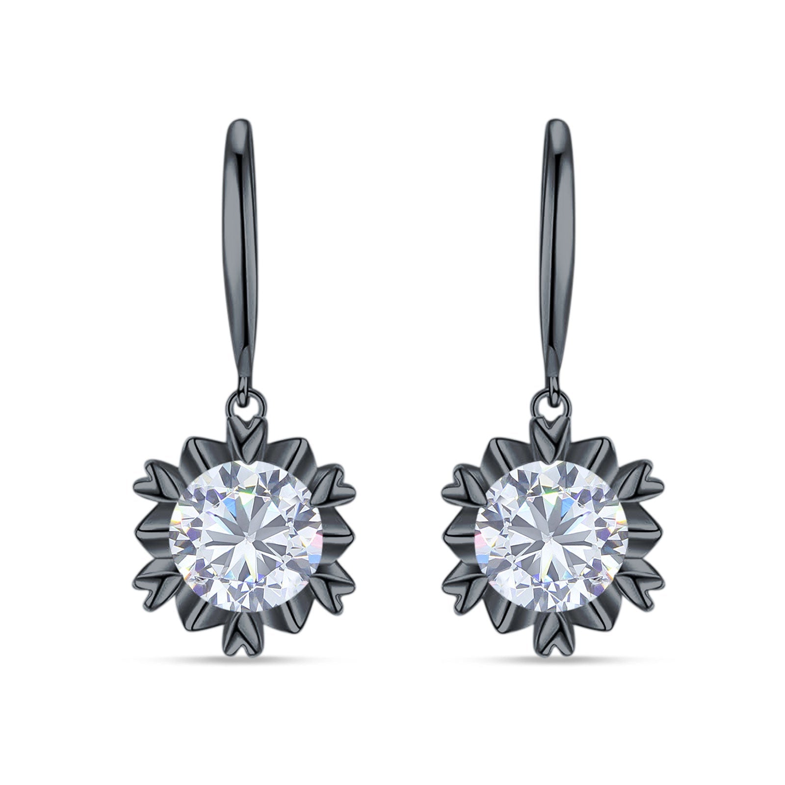 Round Cubic Zirconia Flower Heart Designer Fishhook Earring 925 Sterling Silver