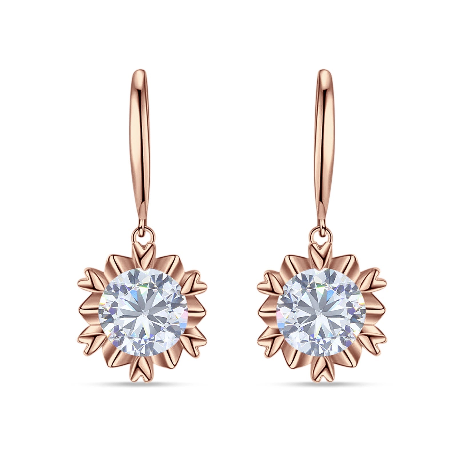 Round Cubic Zirconia Flower Heart Designer Fishhook Earring 925 Sterling Silver