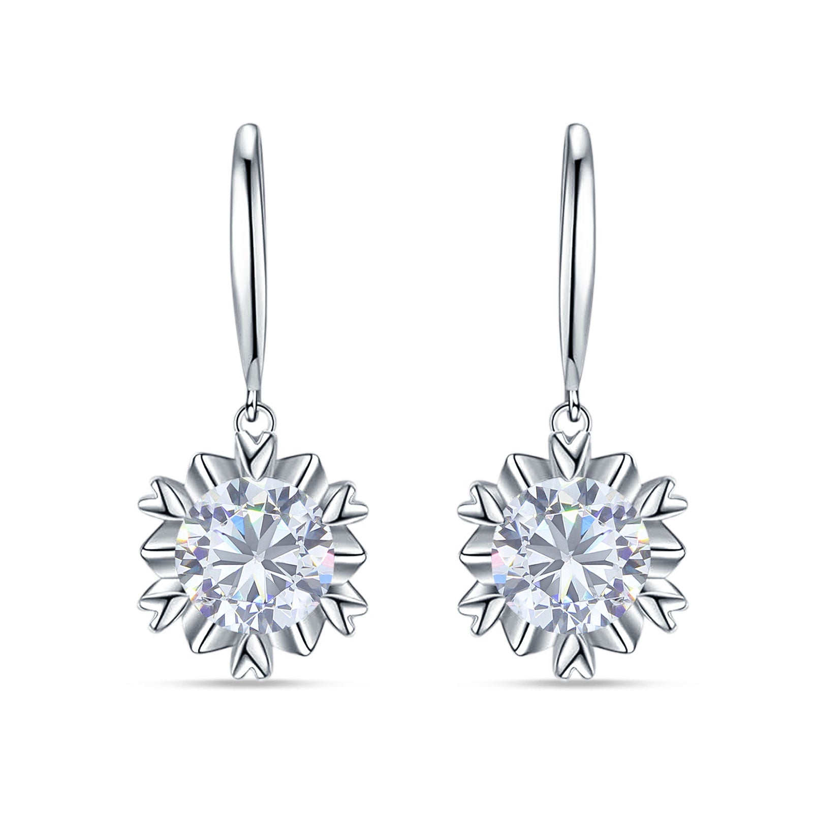 Round Cubic Zirconia Flower Heart Designer Fishhook Earring 925 Sterling Silver