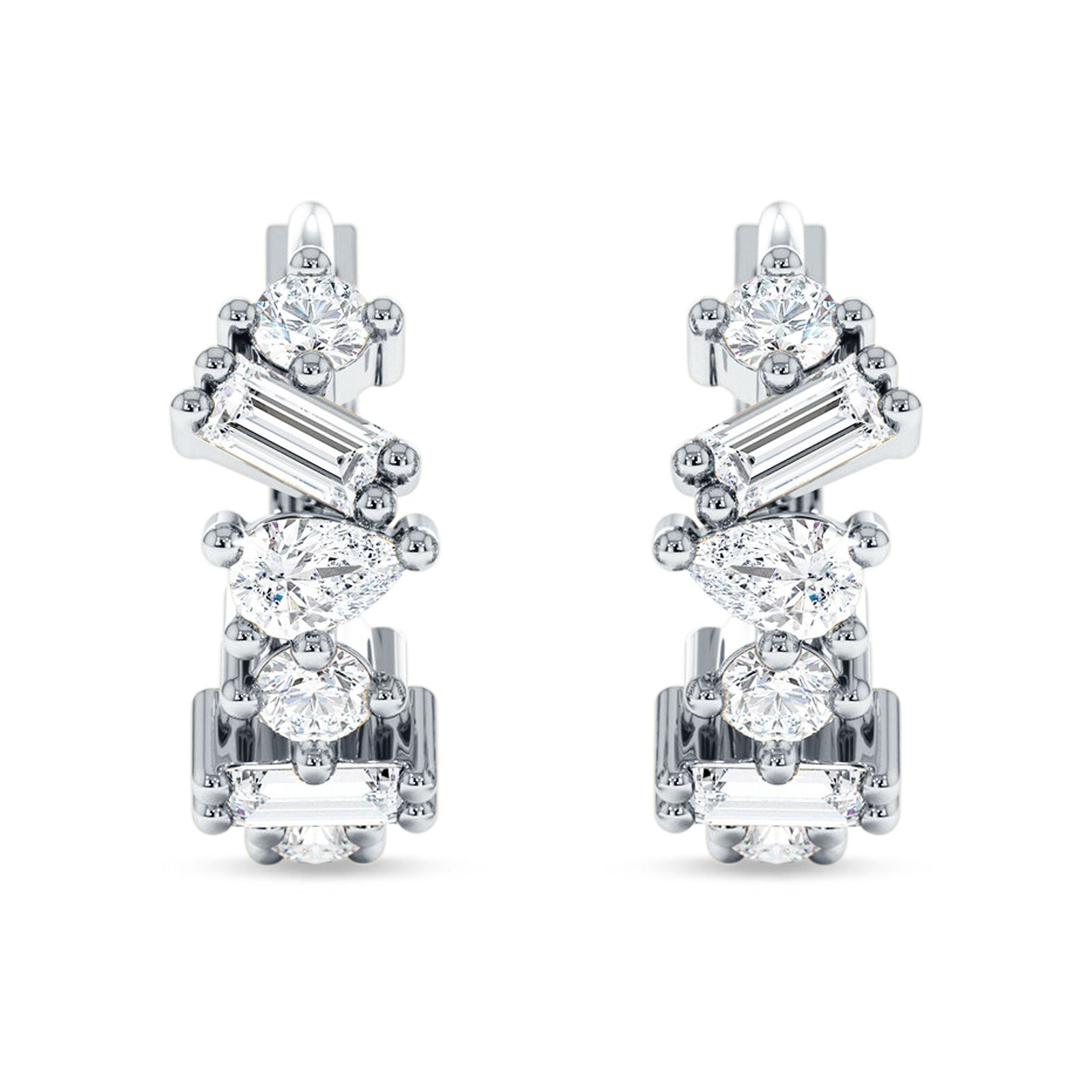 Zig Zag Pear Round Baguette Mixstone Hoop Earring Cubic Zirconia 925 Sterling Silver