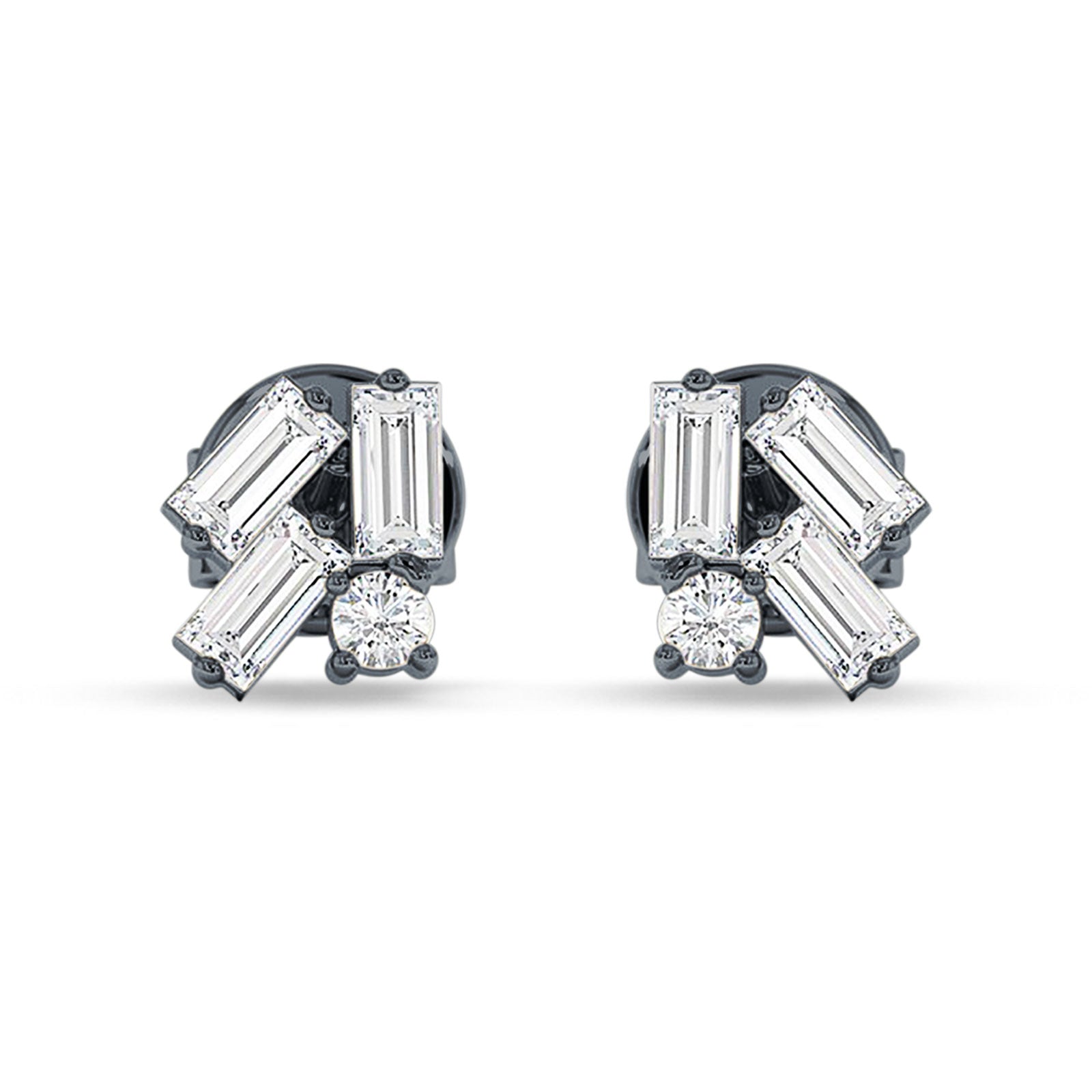 Four Stone Baguette & Round Cubic Zirconia Stud Earring 925 Sterling Silver
