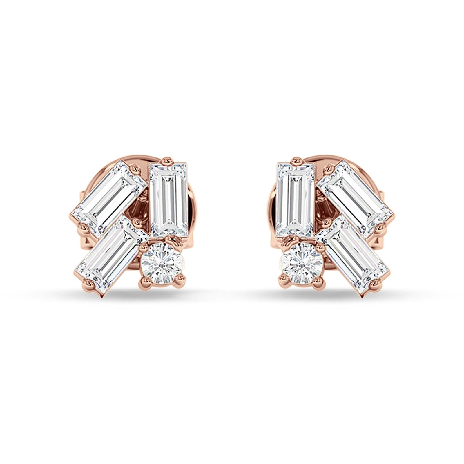 Four Stone Baguette & Round Cubic Zirconia Stud Earring 925 Sterling Silver