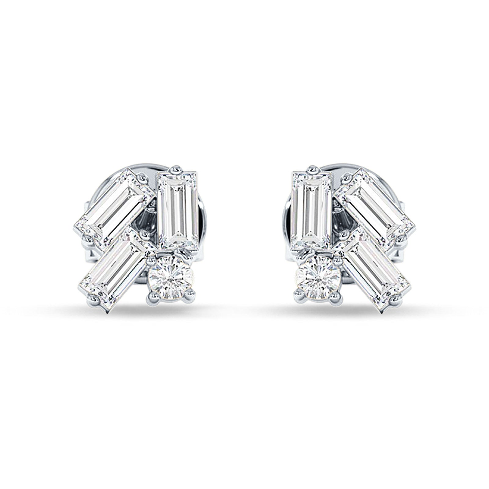 Four Stone Baguette & Round Cubic Zirconia Stud Earring 925 Sterling Silver