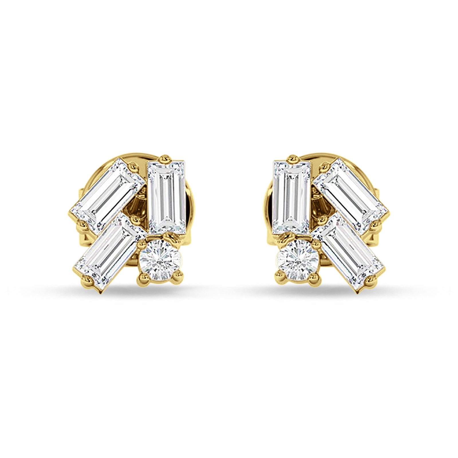 Four Stone Baguette & Round Cubic Zirconia Stud Earring 925 Sterling Silver