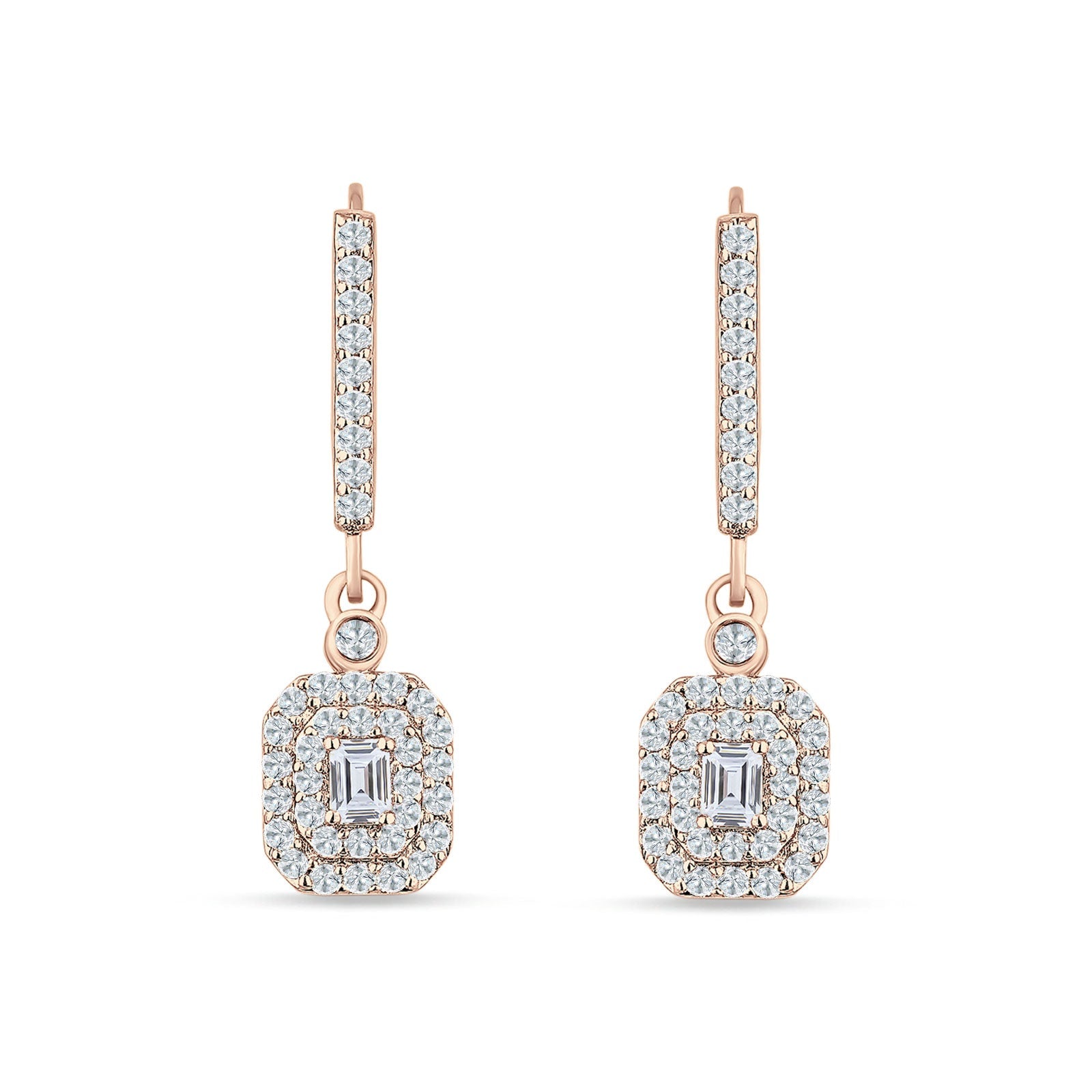 Emerald Cut CLuster Cubic Zirconia Drop Dangle Leverback Earrings 925 Sterling Silver