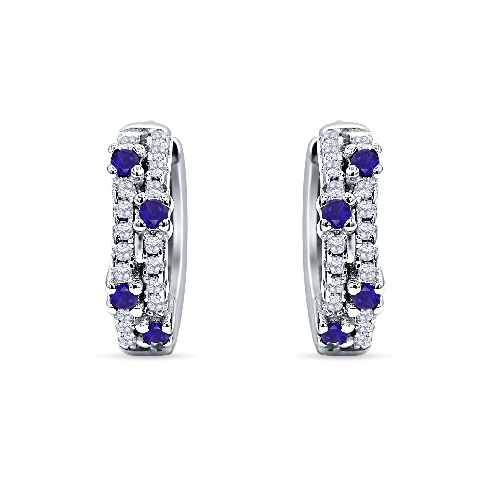 Minimalist 12.7mm Round CZ & Blue Sapphire CZ Hoop Earrings 925 Sterling Silver