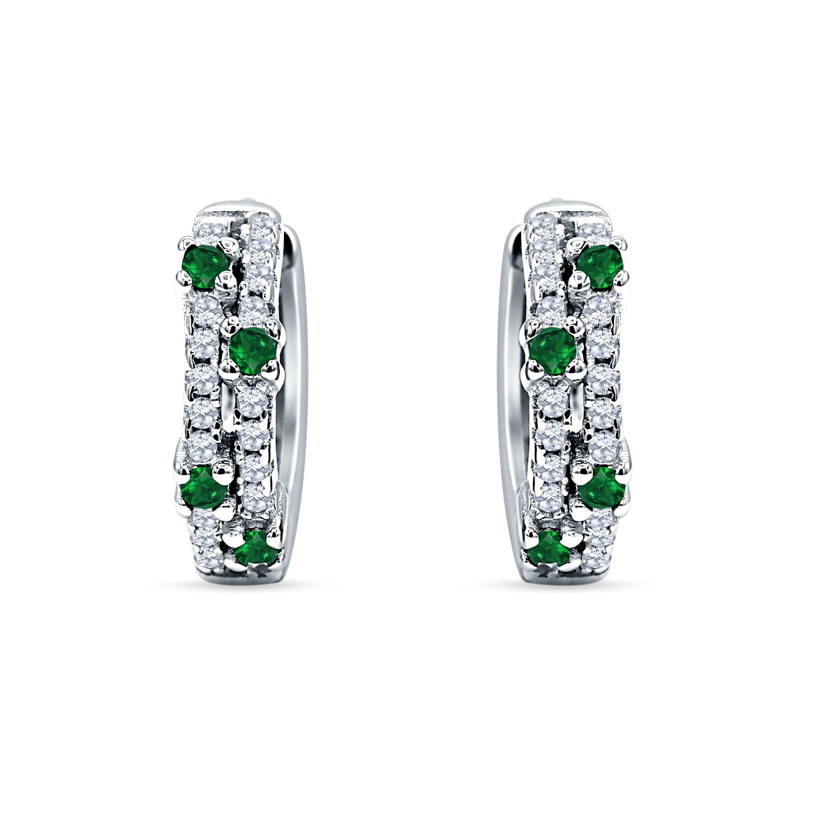 Minimalist 12.7mm Round CZ & Green Emerald CZ Hoop Earrings 925 Sterling Silver