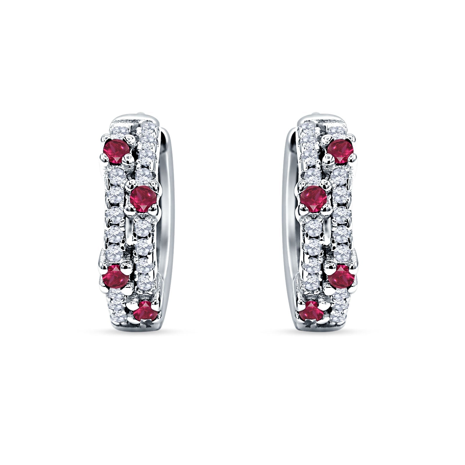 Minimalist 12.7mm Round CZ & Ruby CZ Hoop Earrings 925 Sterling Silver