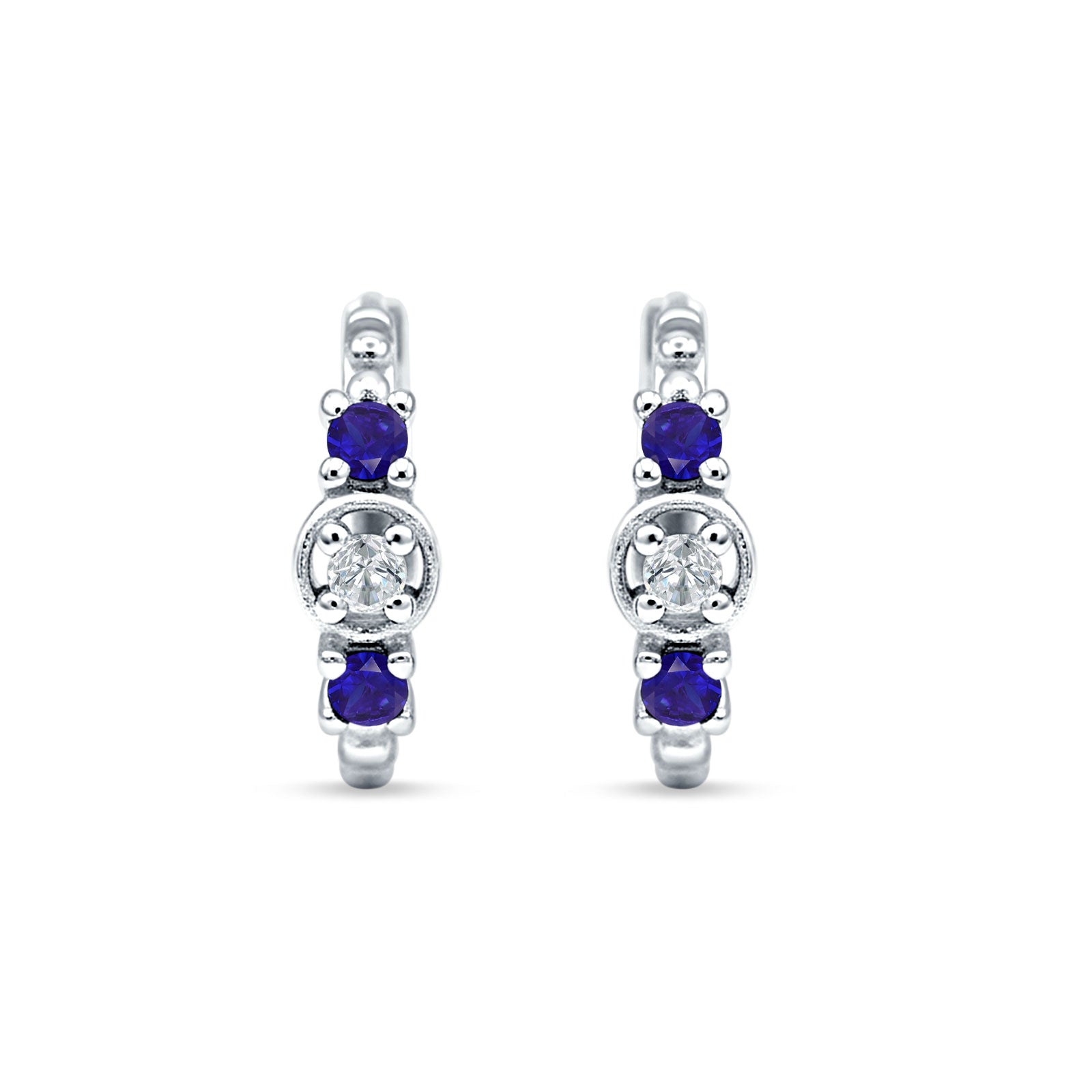 Minimalist 12mm Round CZ & Blue Sapphire CZ Trio Hoop Earrings 925 Sterling Silver