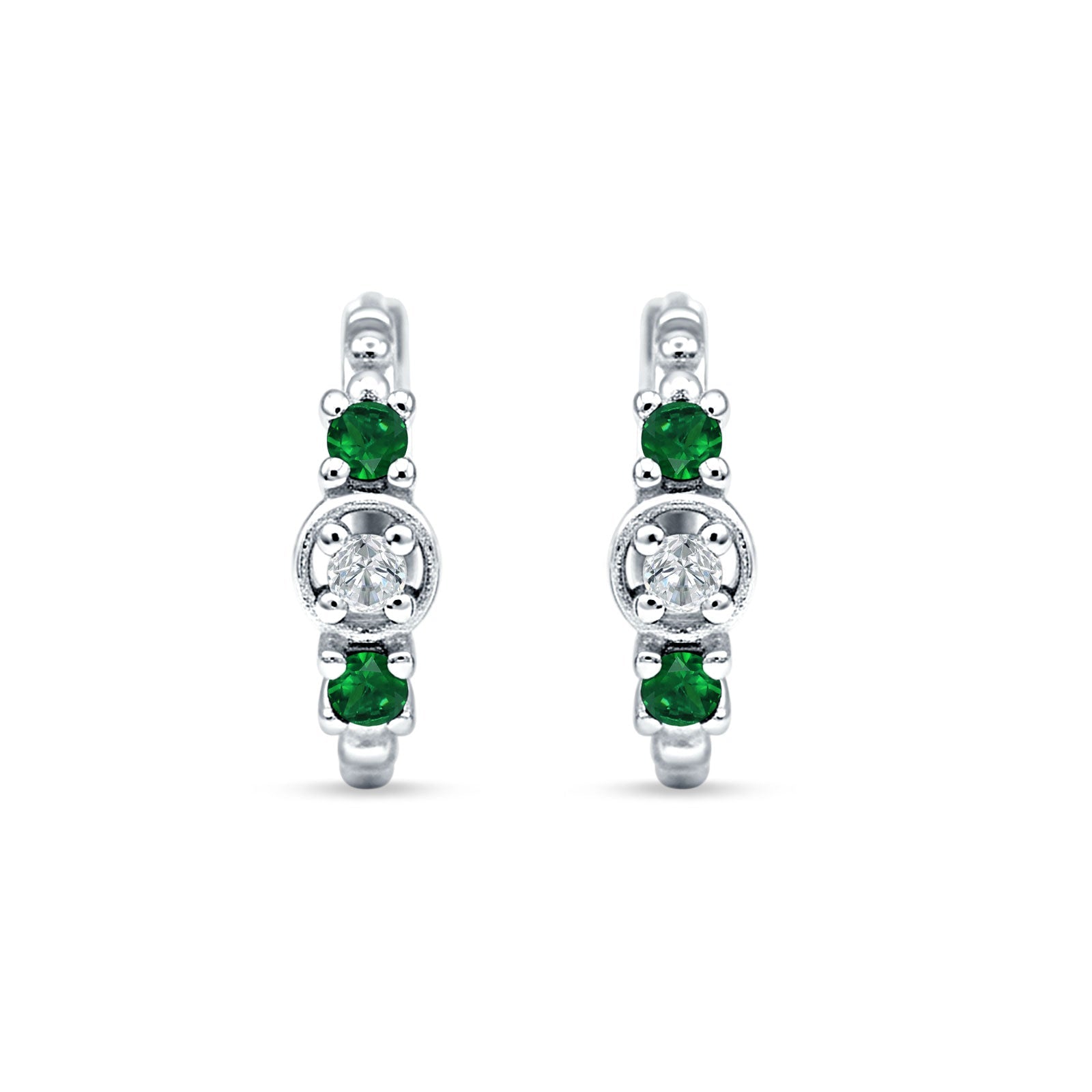 Minimalist 12mm Round CZ & Green Emerald CZ Trio Hoop Earrings 925 Sterling Silver