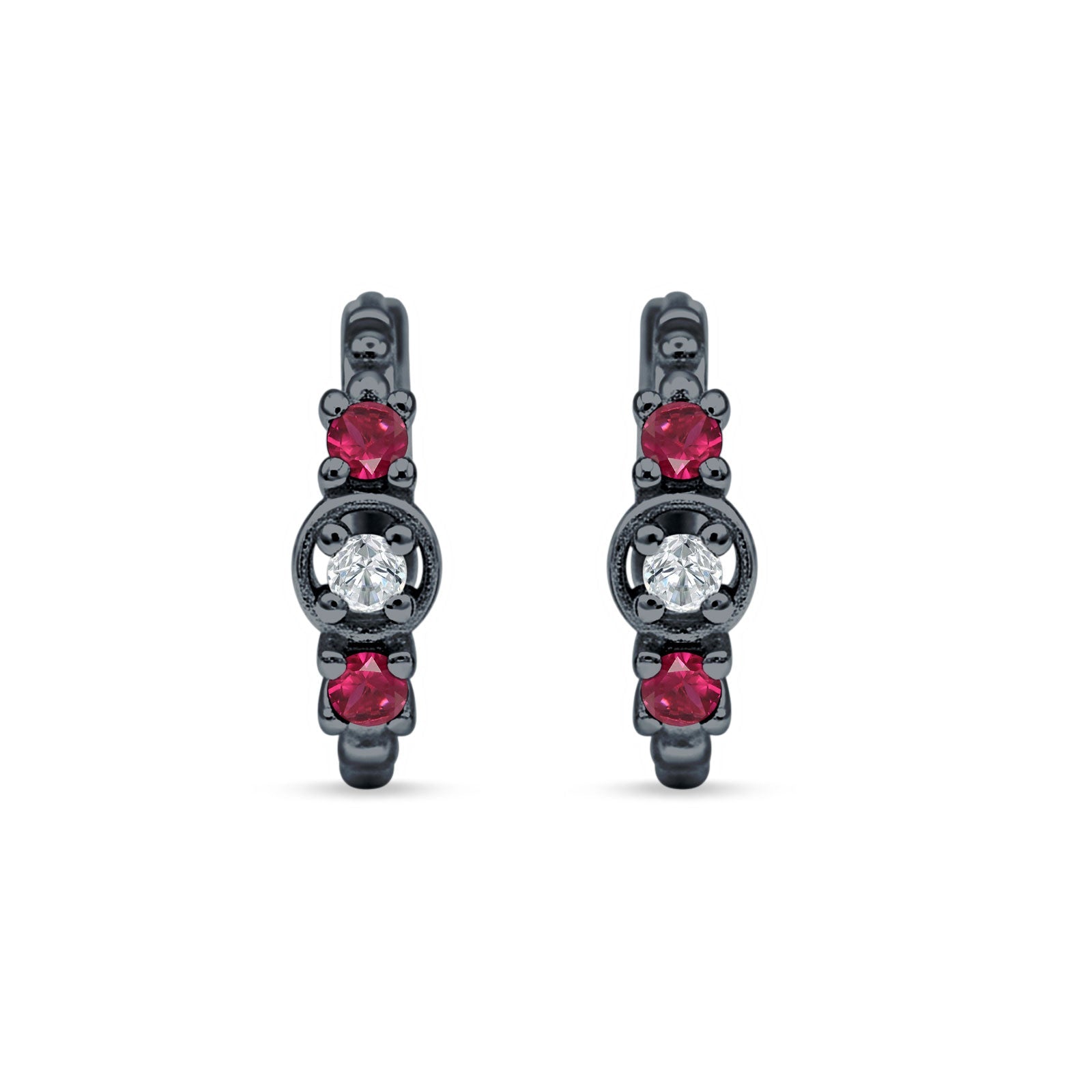 Minimalist 12mm Round CZ & Ruby CZ Trio Hoop Earrings 925 Sterling Silver