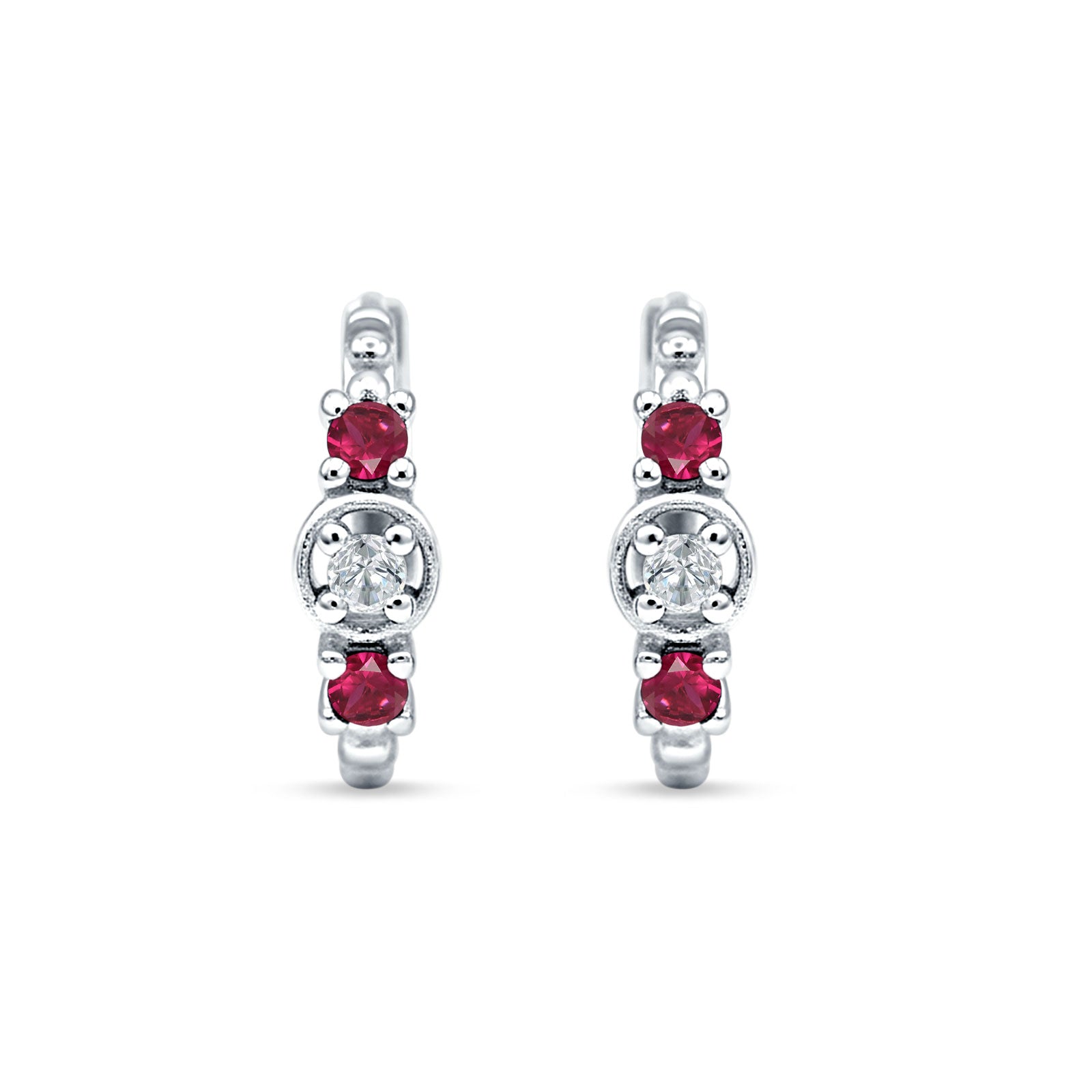 Minimalist 12mm Round CZ & Ruby CZ Trio Hoop Earrings 925 Sterling Silver