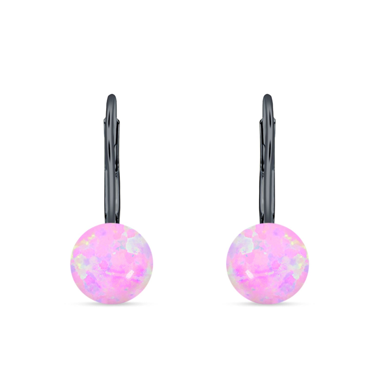 Round 8mm Lab Created Pink Opal Leverback Earrings 925 Sterling Silver