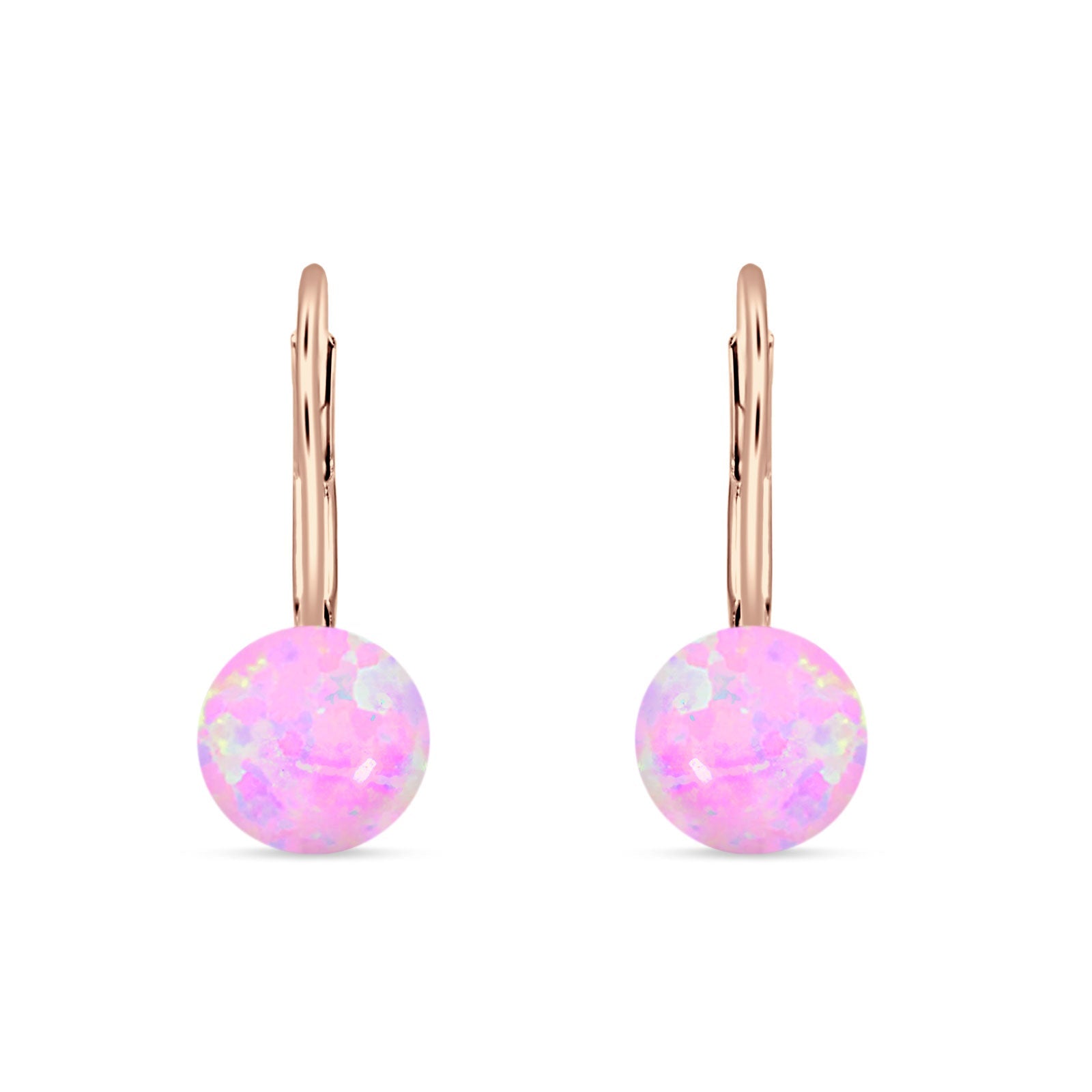 Round 8mm Lab Created Pink Opal Leverback Earrings 925 Sterling Silver