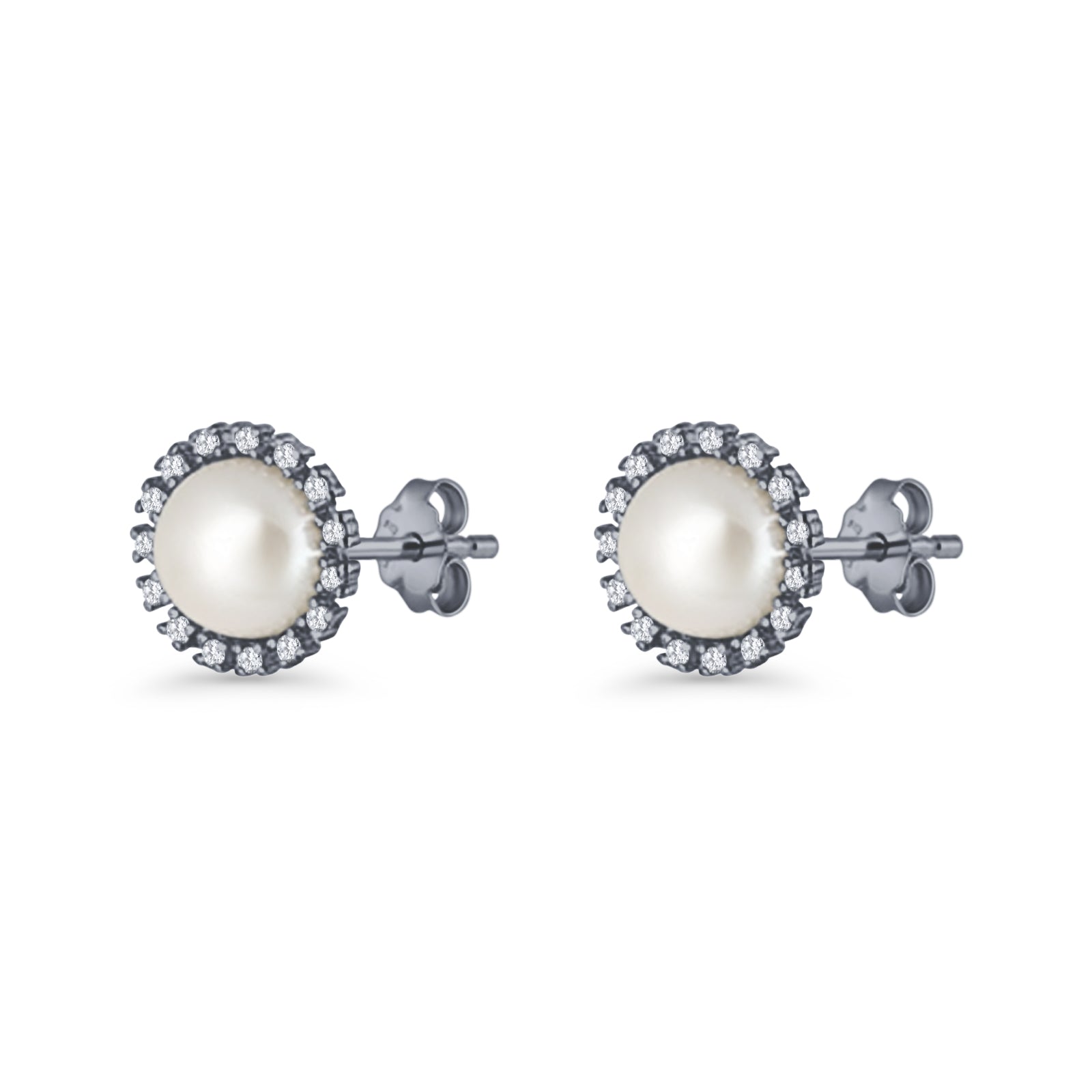 Pearl Stud Earrings 8.7mm Halo Cubic Zirconia 925 Sterling Silver