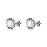 Pearl Stud Earrings 8.7mm Halo Cubic Zirconia 925 Sterling Silver
