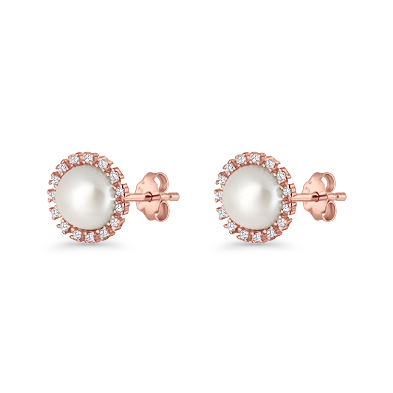 Pearl Stud Earrings 8.7mm Halo Cubic Zirconia 925 Sterling Silver