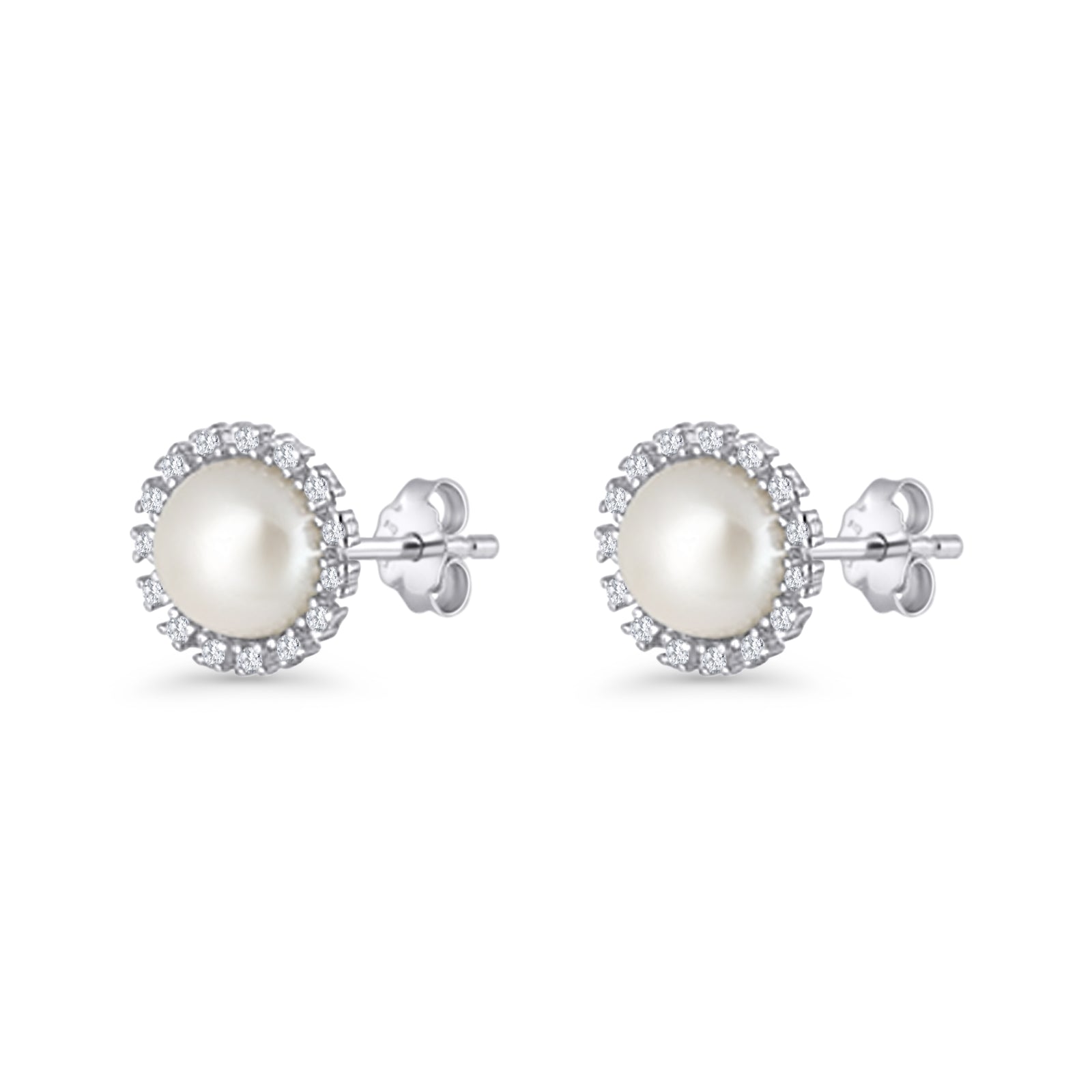 Pearl Stud Earrings 8.7mm Halo Cubic Zirconia 925 Sterling Silver