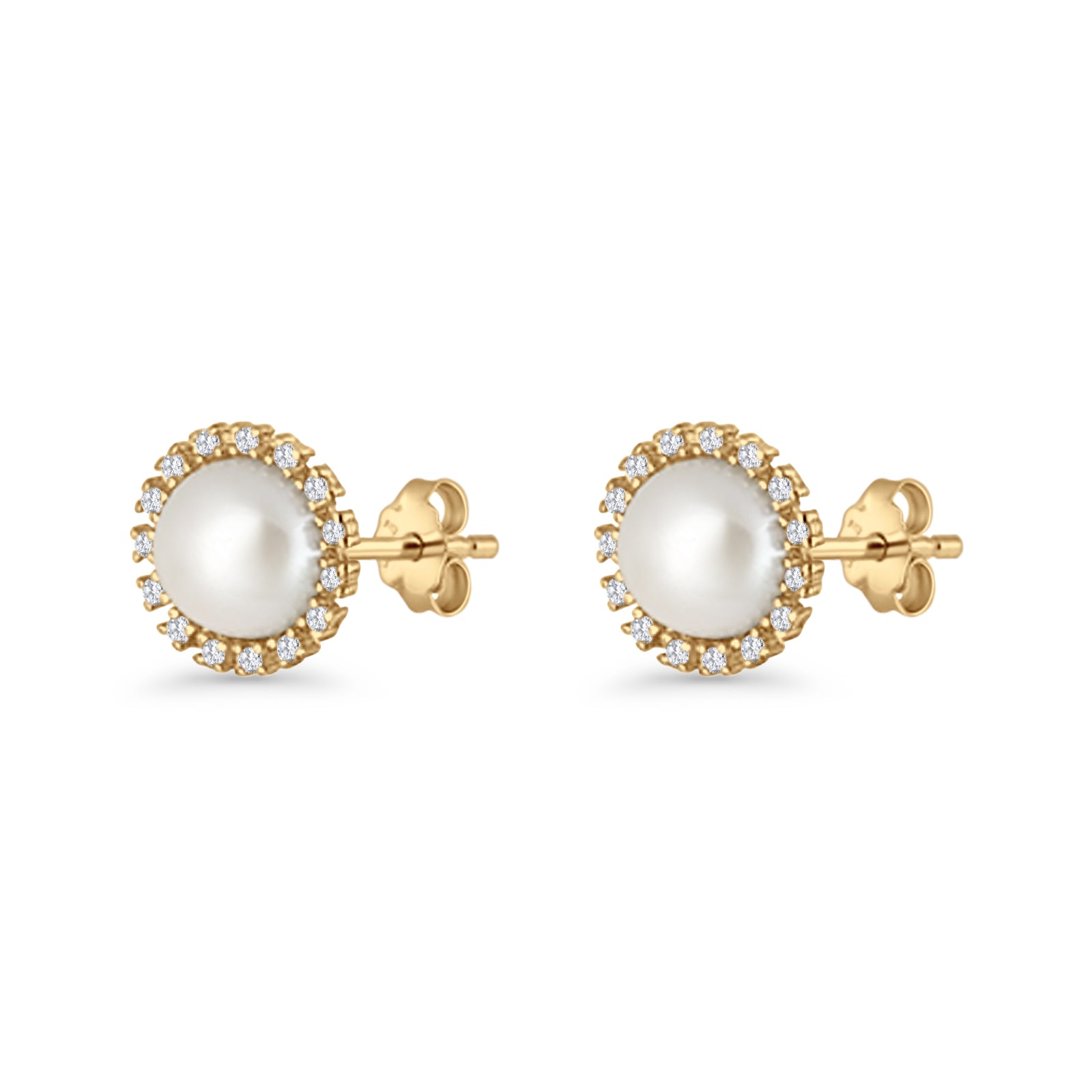 Pearl Stud Earrings 8.7mm Halo Cubic Zirconia 925 Sterling Silver