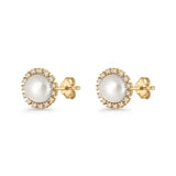 Pearl Stud Earrings 8.7mm Halo Cubic Zirconia 925 Sterling Silver