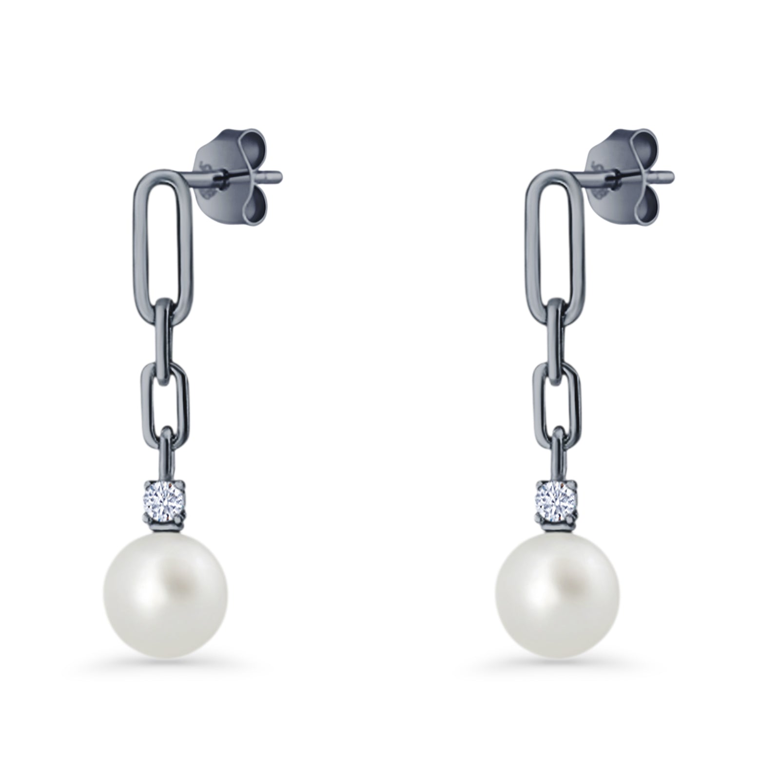 Round Cubic Zirconia & Pearl Paperclip Stud Earrings 925 Sterling Silver