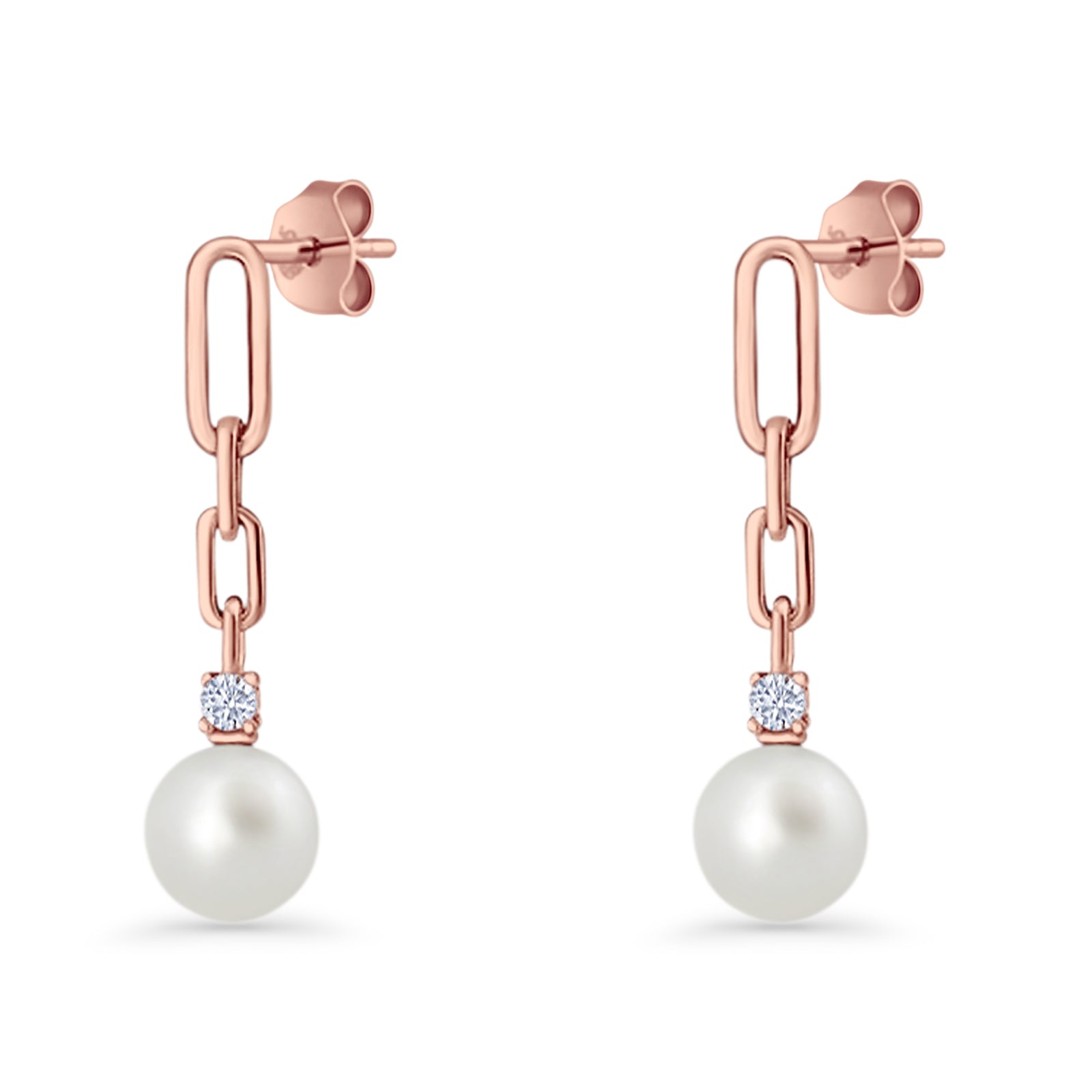 Round Cubic Zirconia & Pearl Paperclip Stud Earrings 925 Sterling Silver