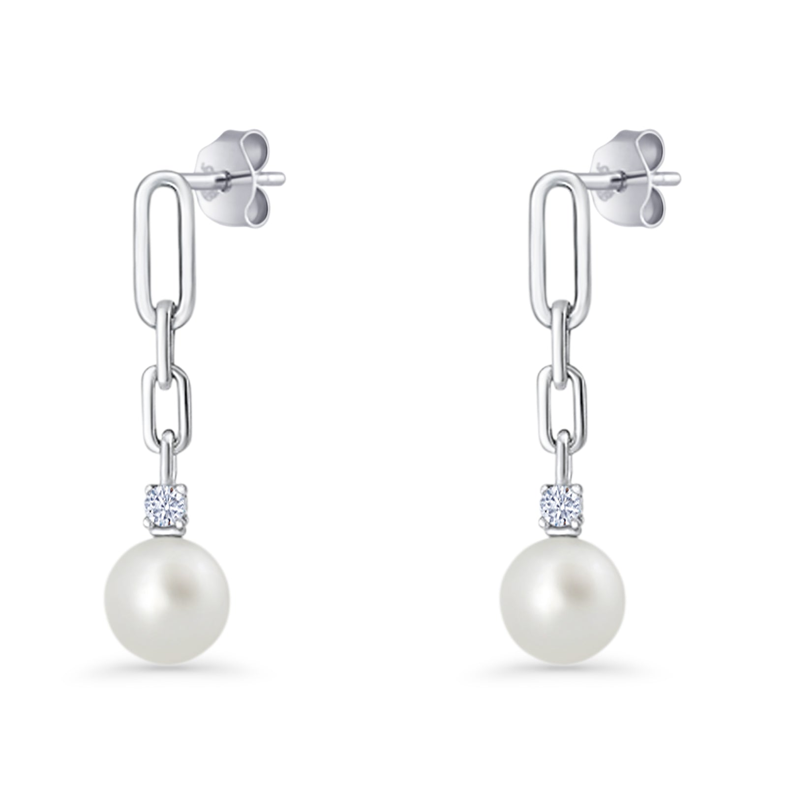 Round Cubic Zirconia & Pearl Paperclip Stud Earrings 925 Sterling Silver