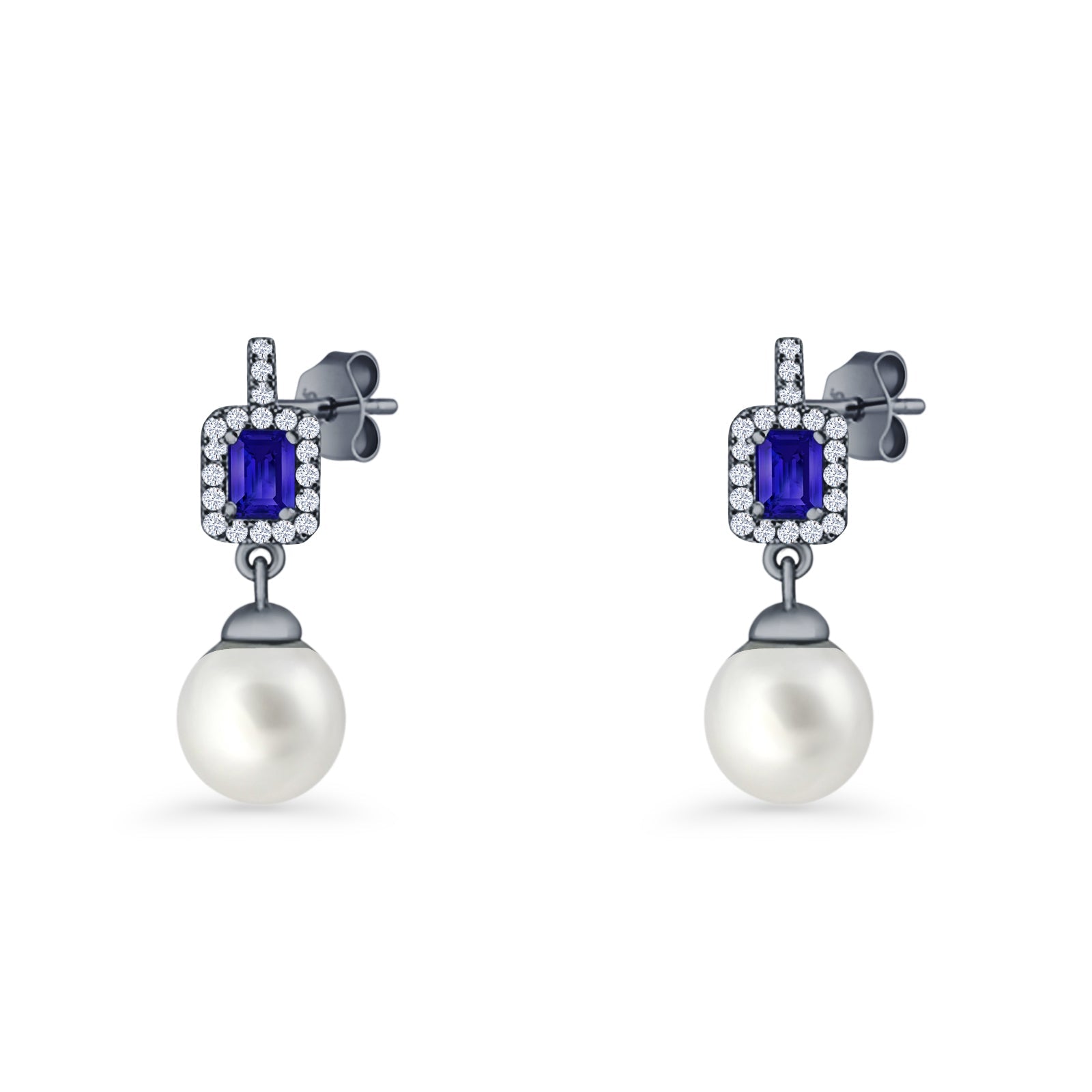 Emerald Cut Blue Cubic Zirconia & Pearl Charm Stud Earrings 925 Sterling Silver