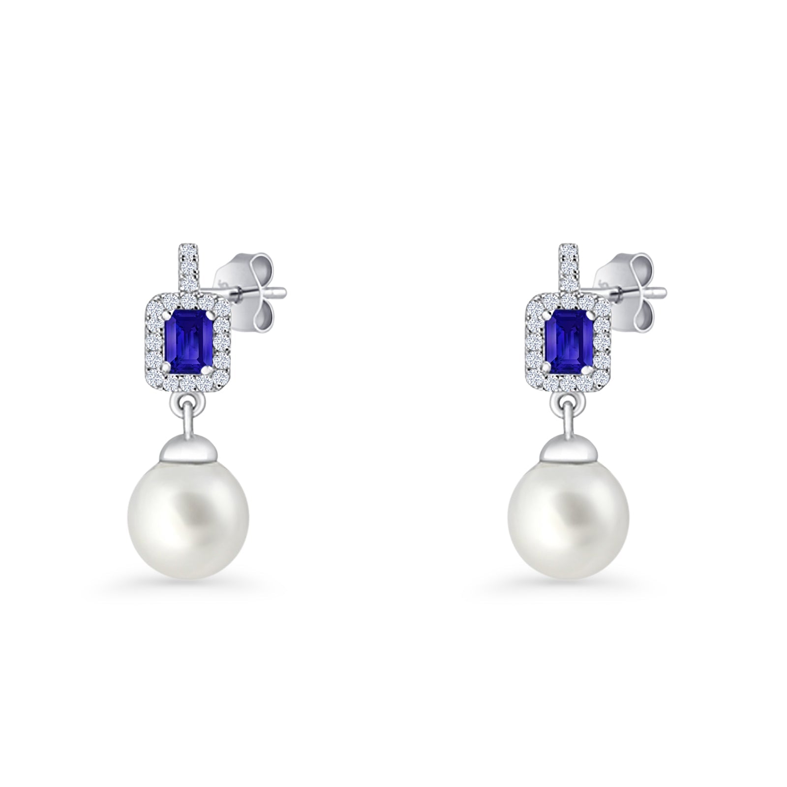 Emerald Cut Blue Cubic Zirconia & Pearl Charm Stud Earrings 925 Sterling Silver