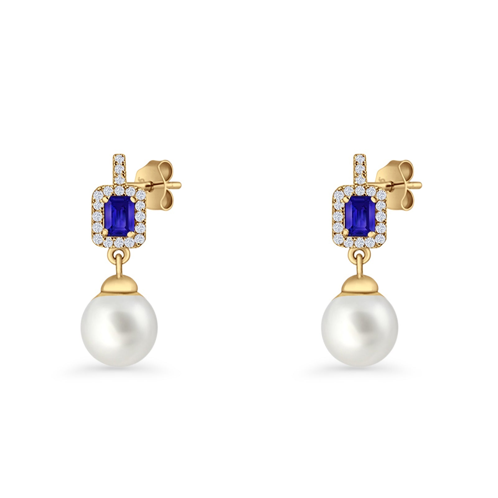 Emerald Cut Blue Cubic Zirconia & Pearl Charm Stud Earrings 925 Sterling Silver