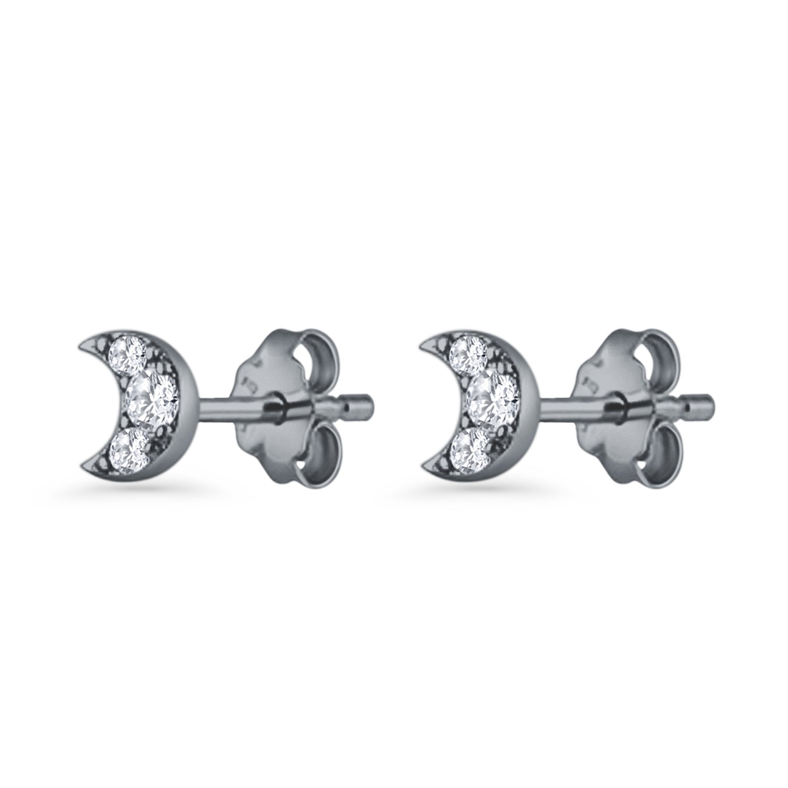 Crescent Moon Stud Earring 5mm Round Cubic Zirconia 925 Sterling Silver