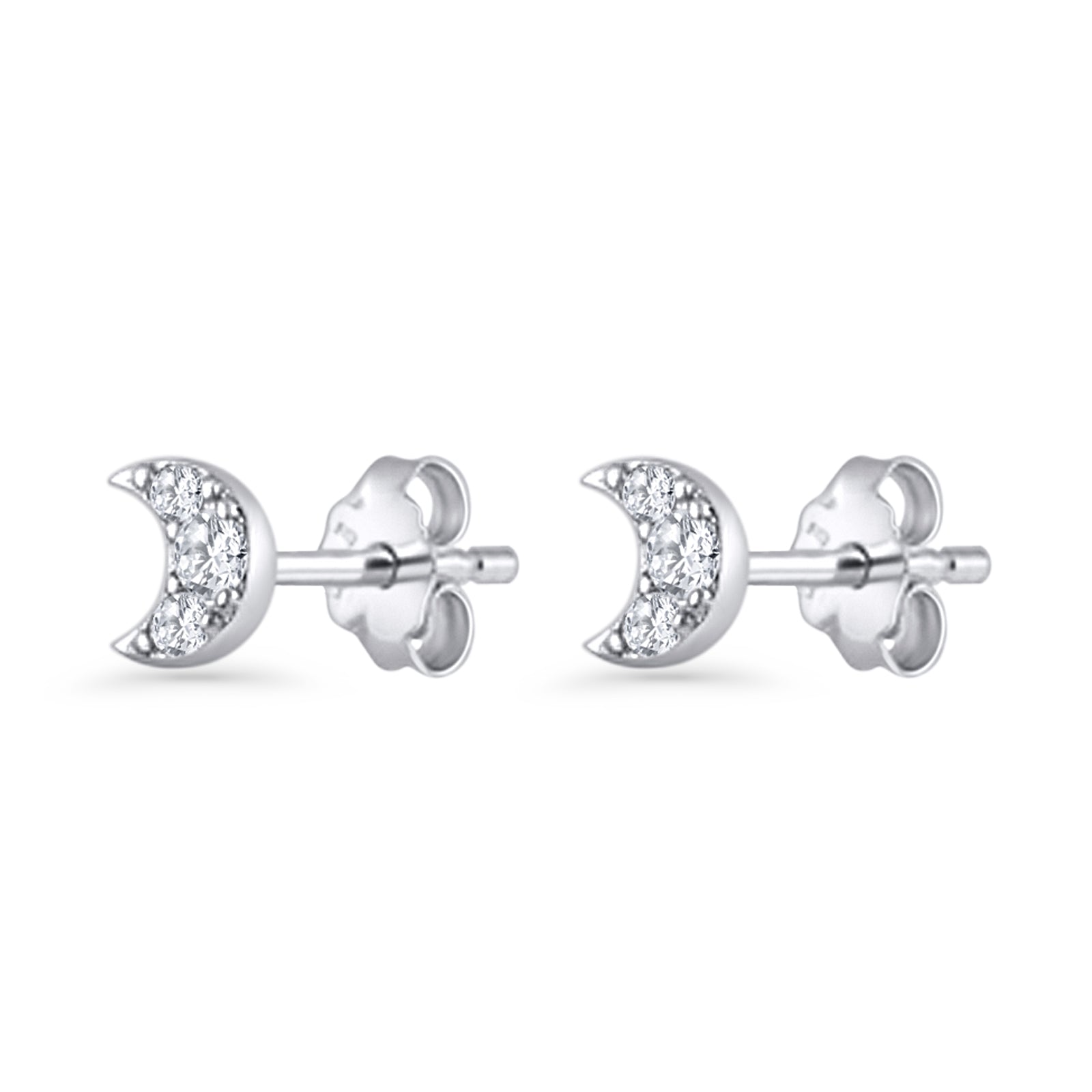 Crescent Moon Stud Earring 5mm Round Cubic Zirconia 925 Sterling Silver