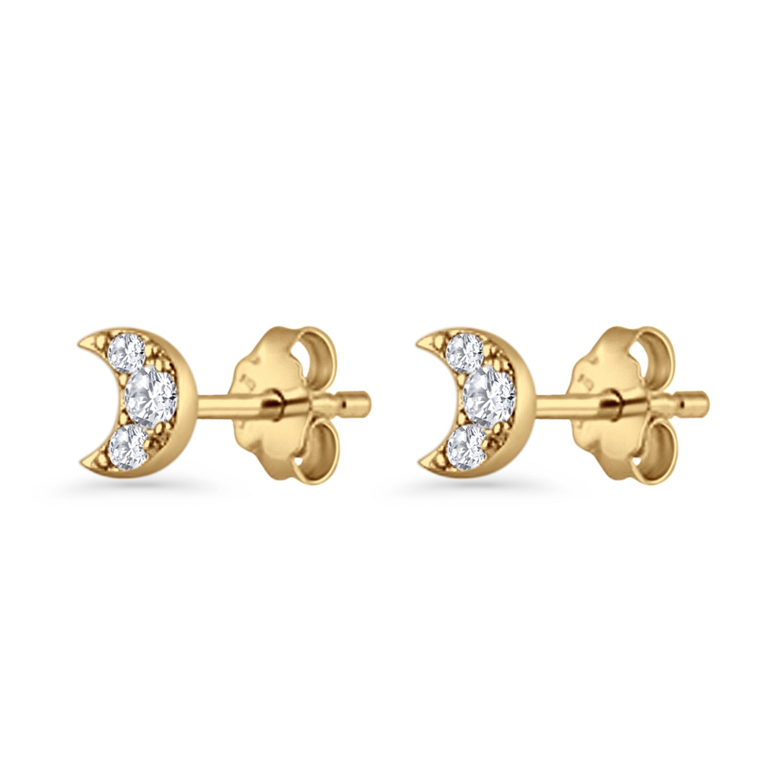 Crescent Moon Stud Earring 5mm Round Cubic Zirconia 925 Sterling Silver