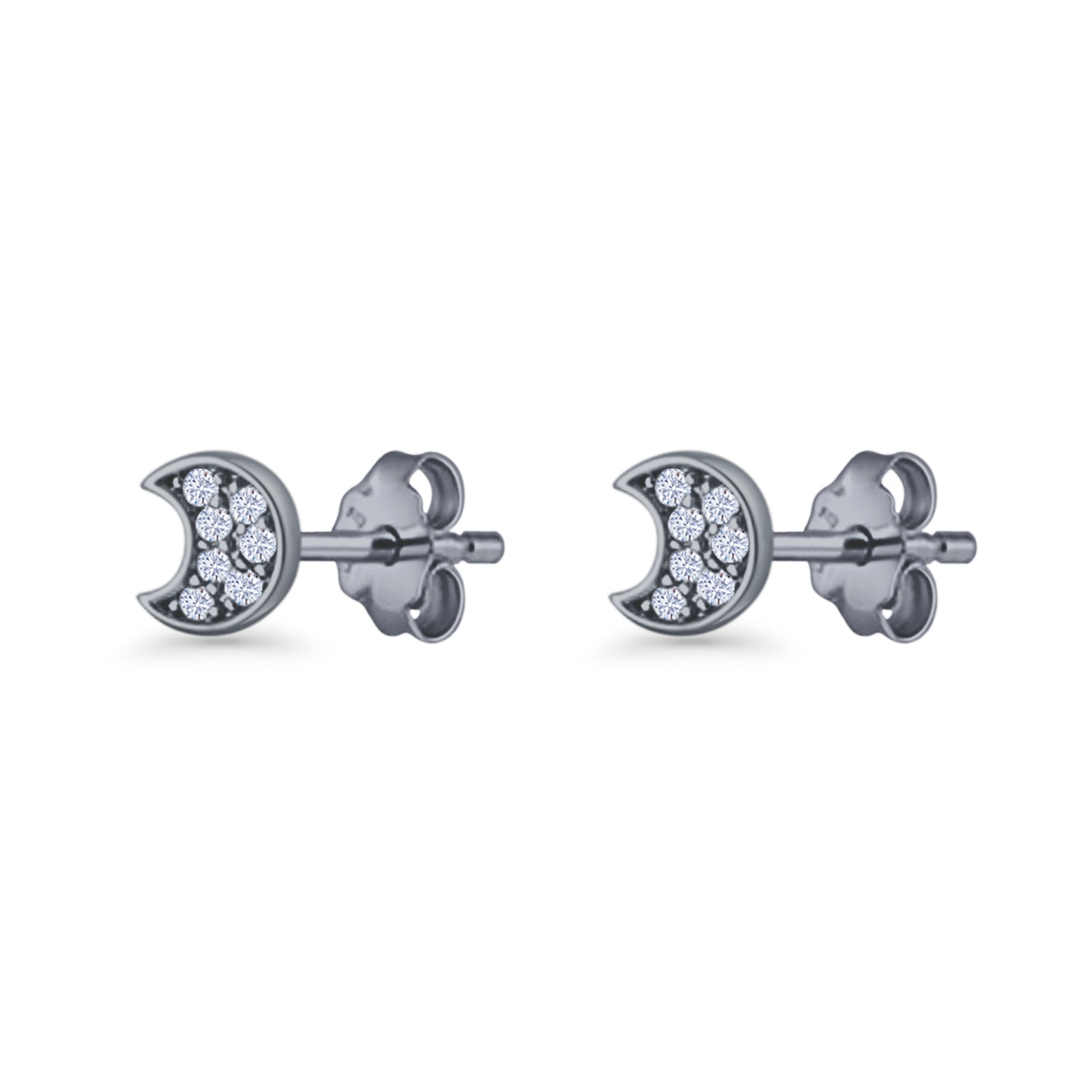 Crescent Moon Stud Earring 4.9mm Cluster Round Cubic Zirconia 925 Sterling Silver