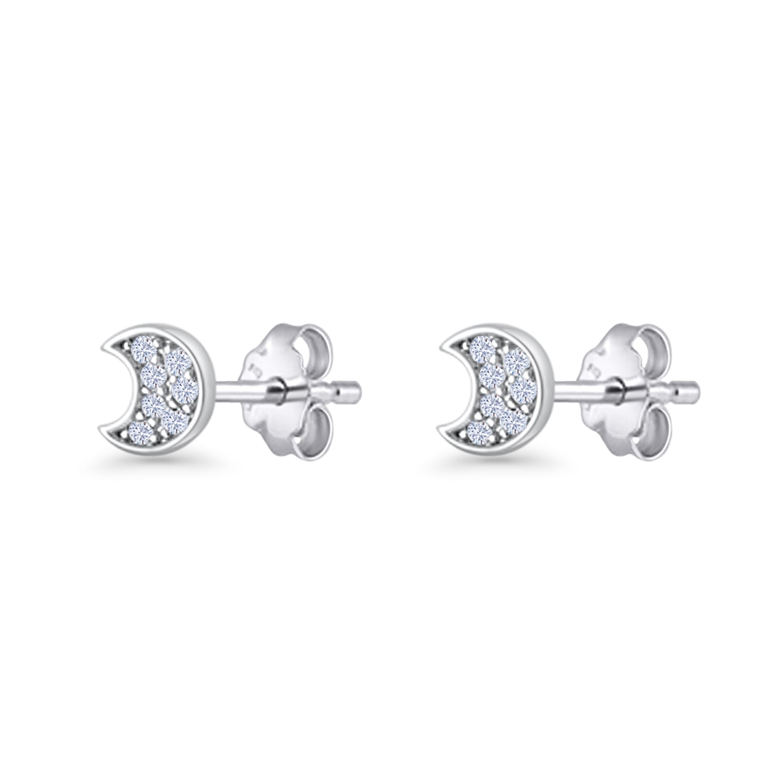 Crescent Moon Stud Earring 4.9mm Cluster Round Cubic Zirconia 925 Sterling Silver