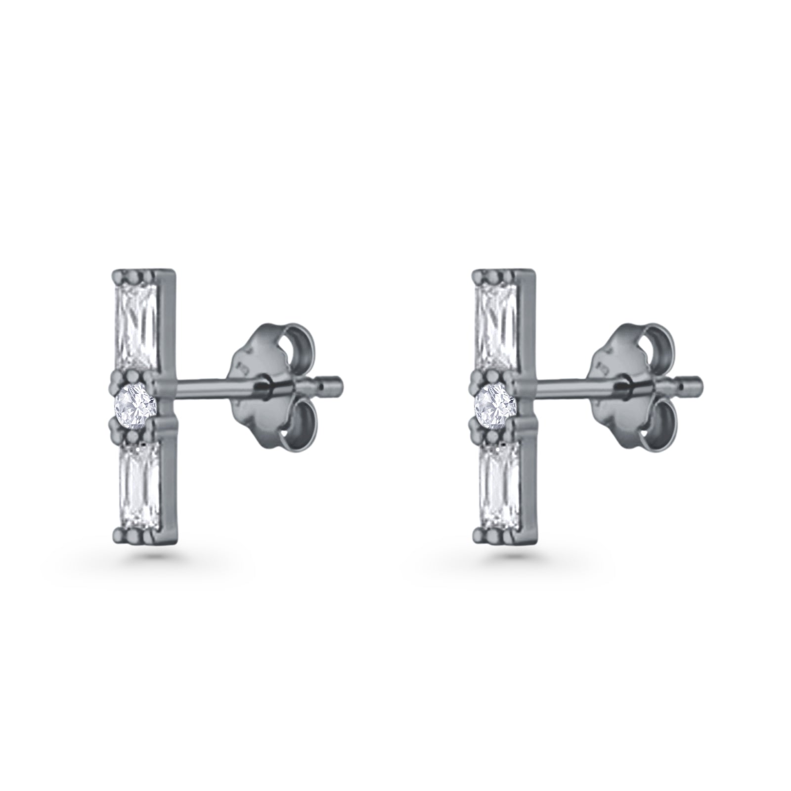 Line Bar Stud Earrings 12.4mm Baguette & Round Cubic Zirconia 925 Sterling Silver