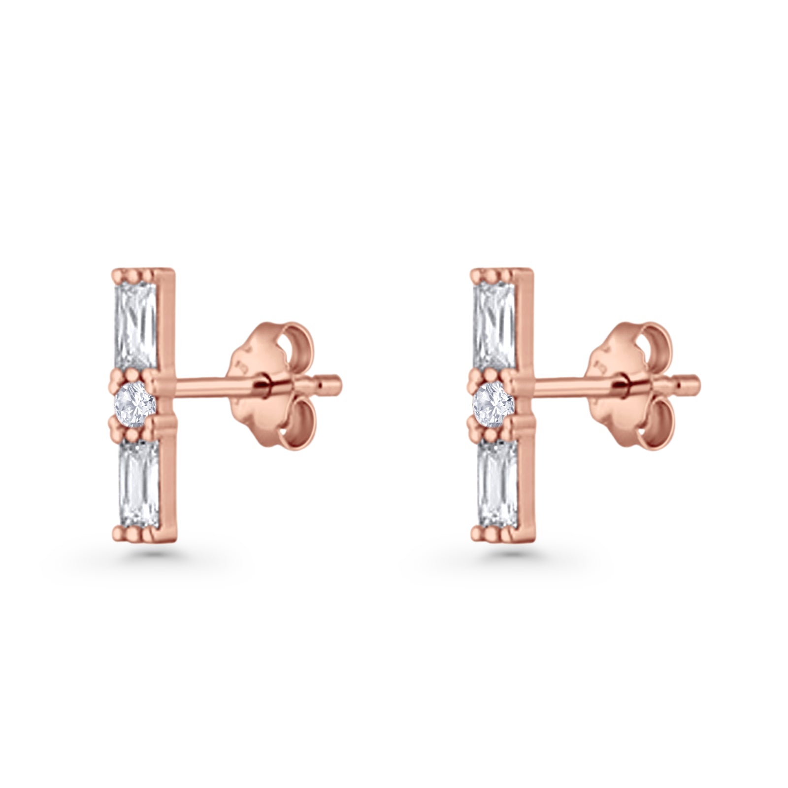 Line Bar Stud Earrings 12.4mm Baguette & Round Cubic Zirconia 925 Sterling Silver