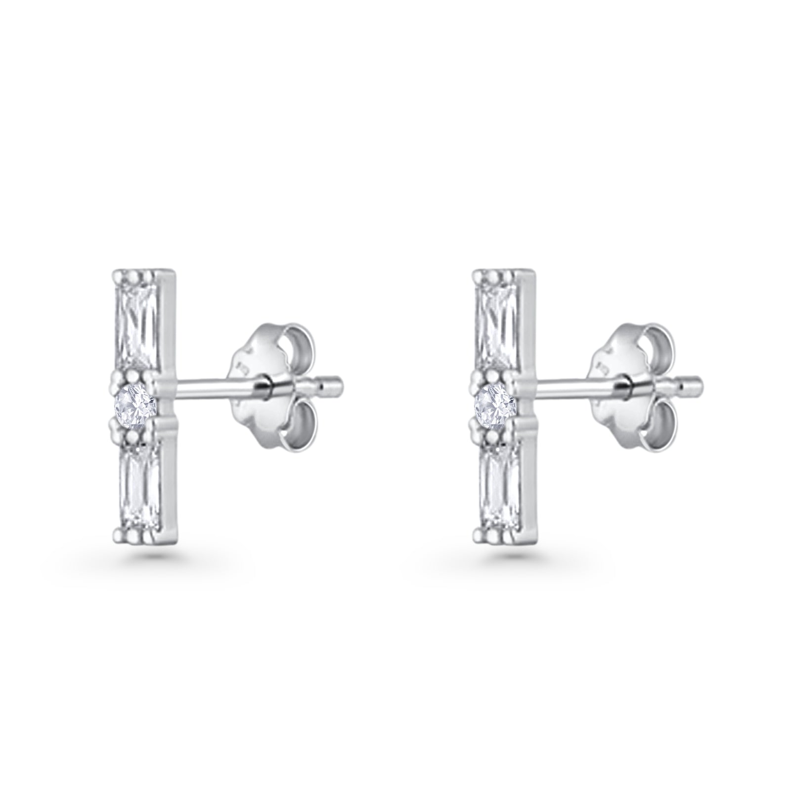 Line Bar Stud Earrings 12.4mm Baguette & Round Cubic Zirconia 925 Sterling Silver