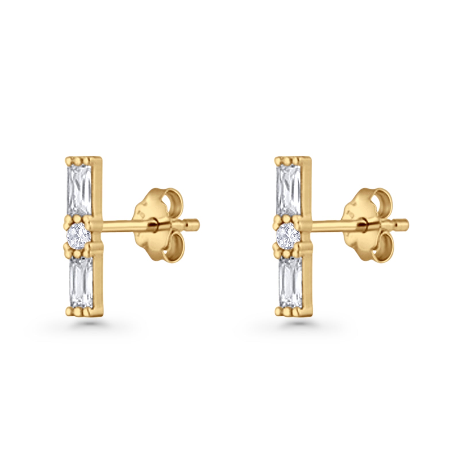 Line Bar Stud Earrings 12.4mm Baguette & Round Cubic Zirconia 925 Sterling Silver