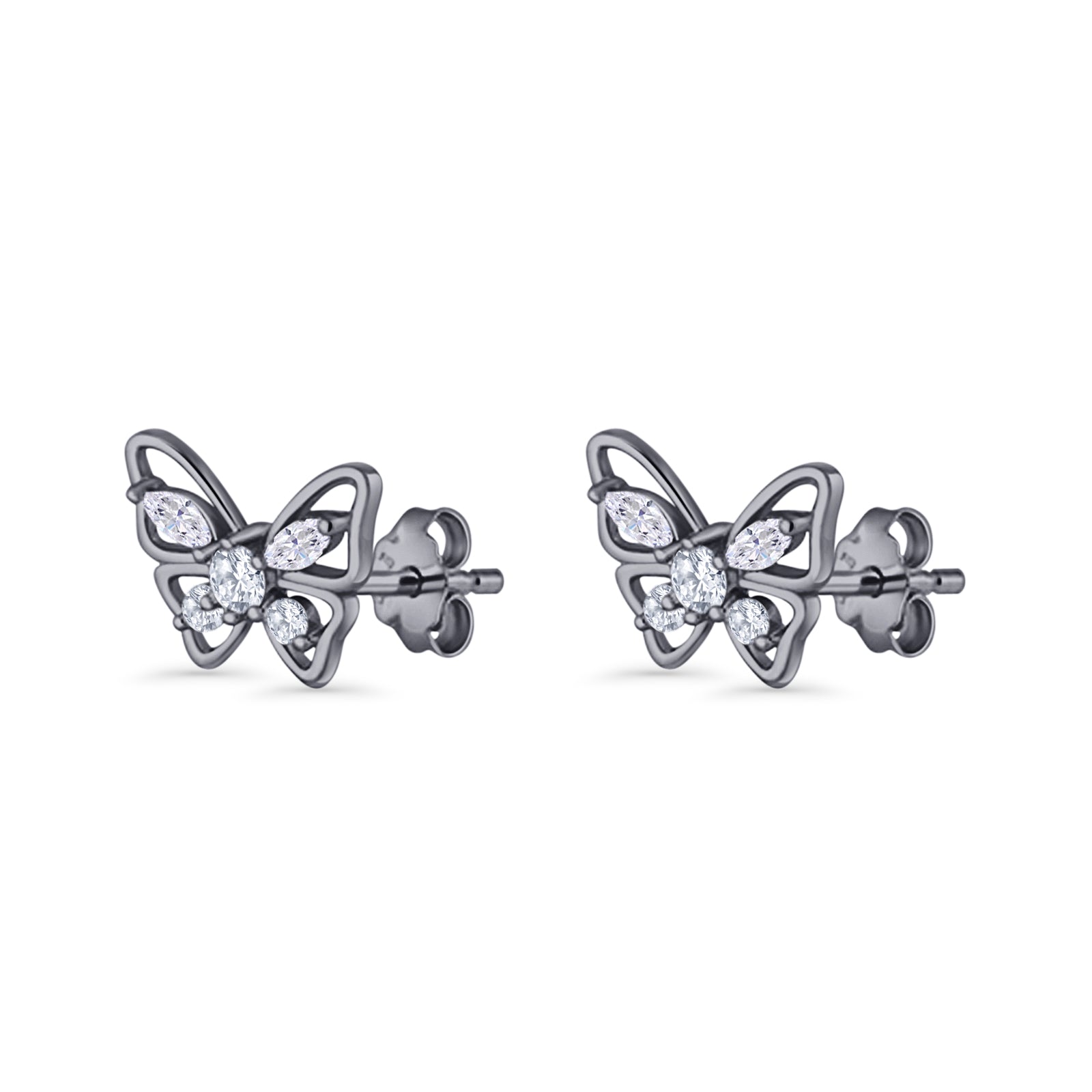 Minimalist 10.7mm Butterfly Stud Earrings Cubic Zirconia 925 Sterling Silver