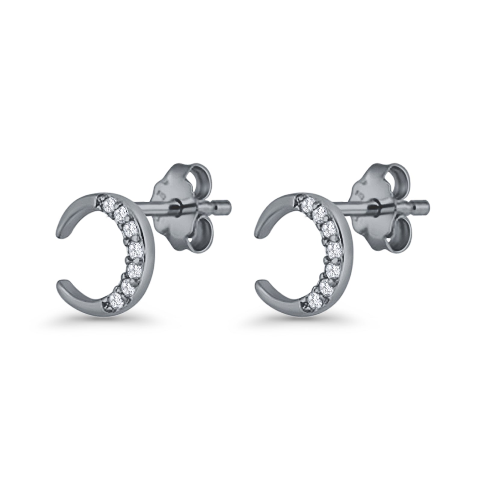 Minimalist 8.1mm Half Moon Stud Earring Cubic Zirconia 925 Sterling Silver